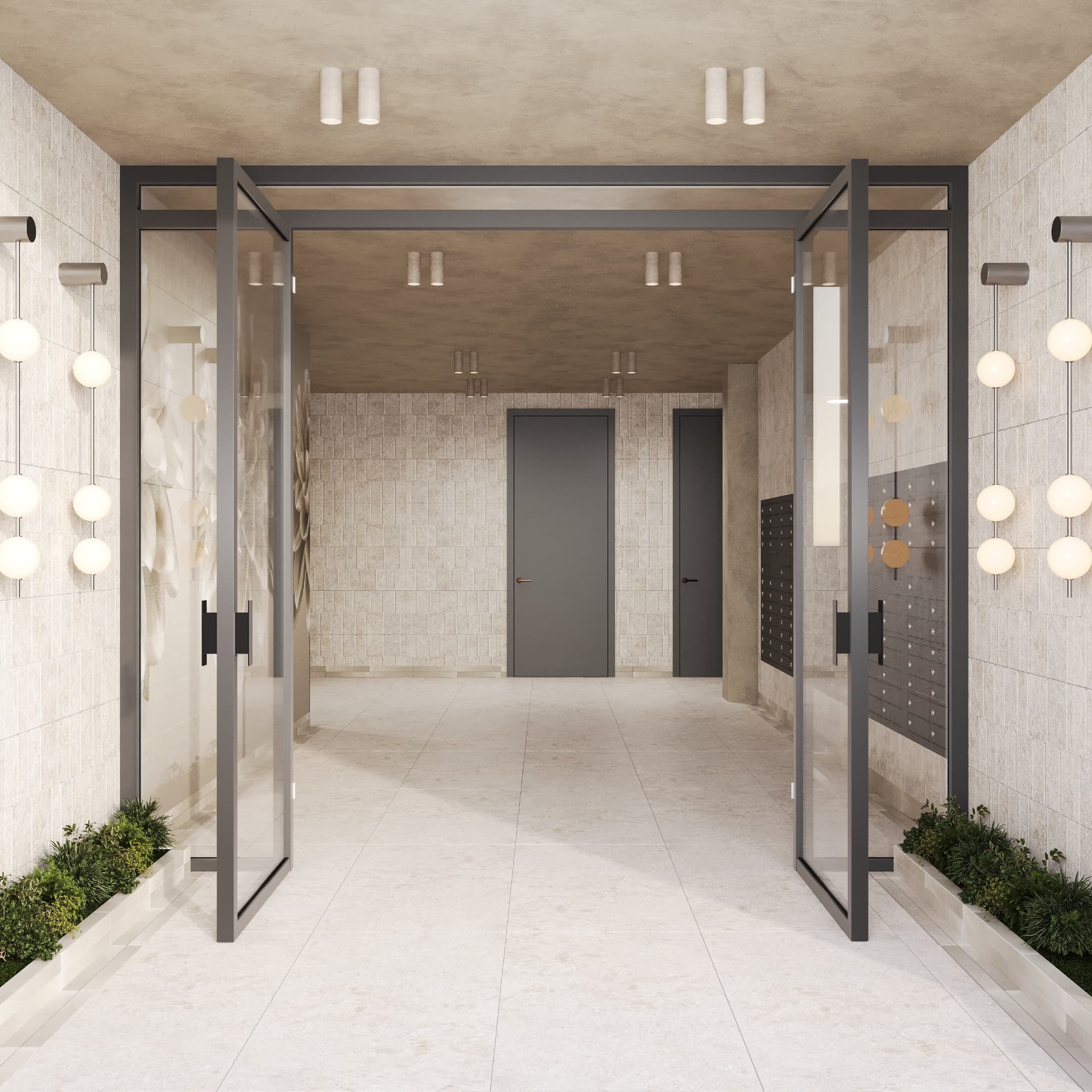 Entry vestibule with travertine walls, globe pendants and glass doors