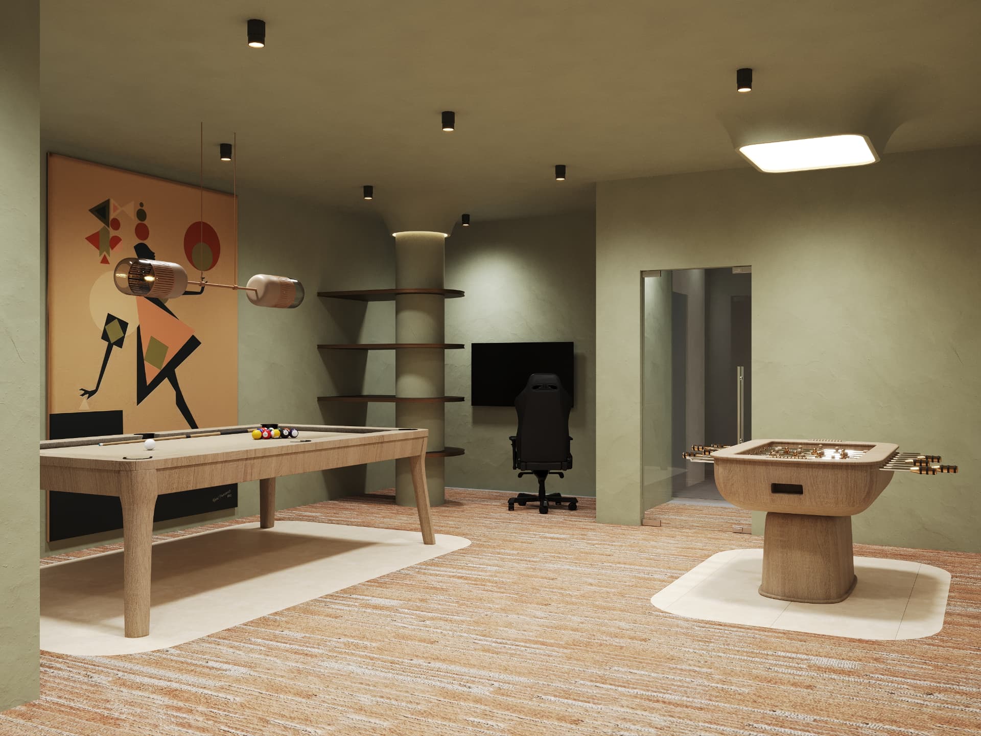 Game lounge with sage plaster walls, oak billiards table and graphic artwork