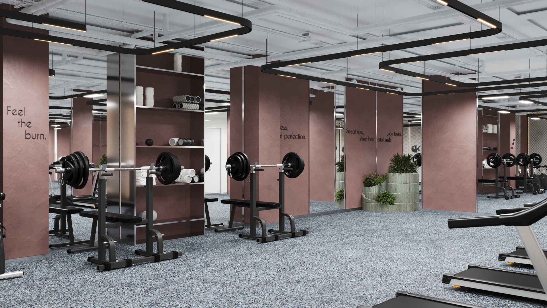 Fitness floor with terracotta plaster partitions, mirrored columns and speckled rubber flooring