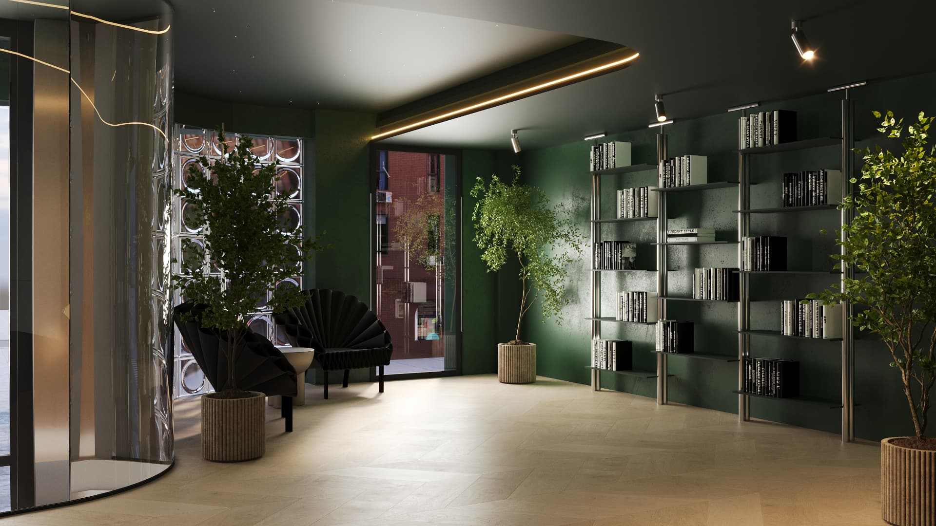 Library lounge with deep green walls, steel shelving and planting