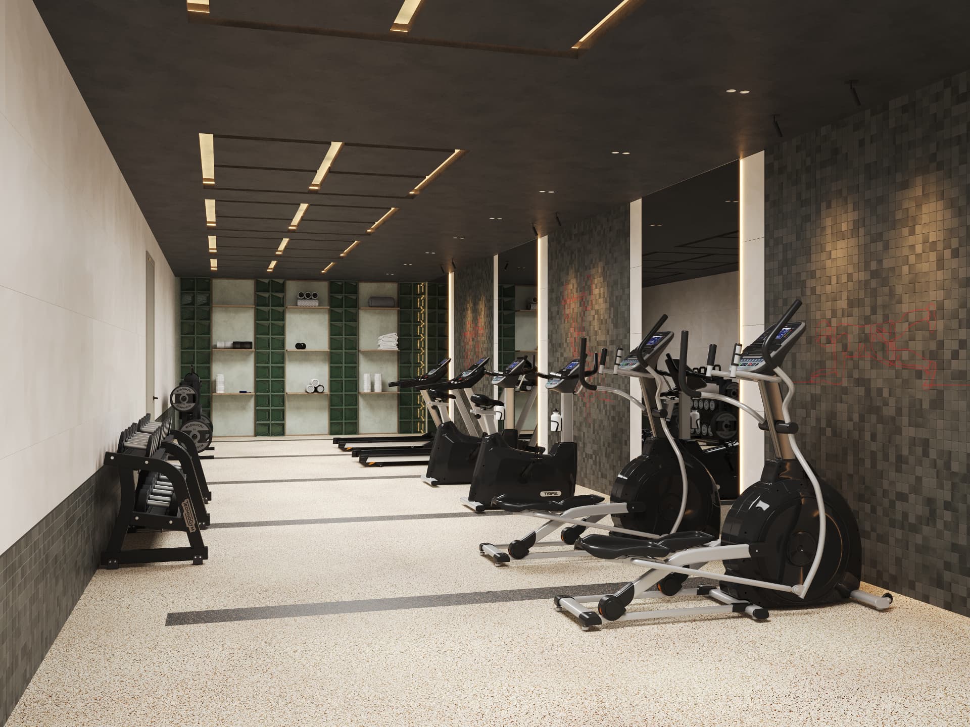 Fitness room with cardio equipment and glass-block shelving