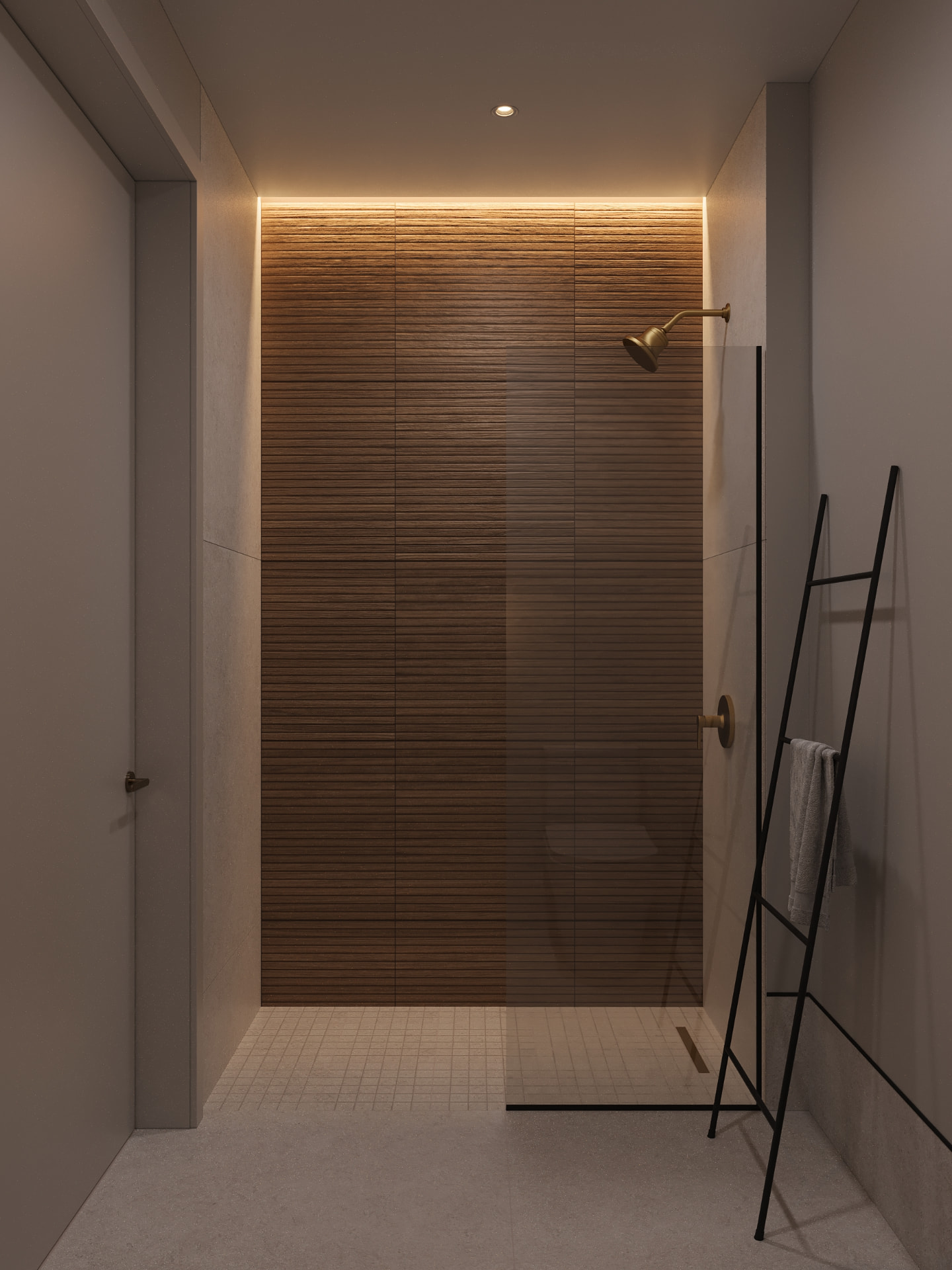 Residence bathroom with backlit ribbed walnut shower wall and brass fittings