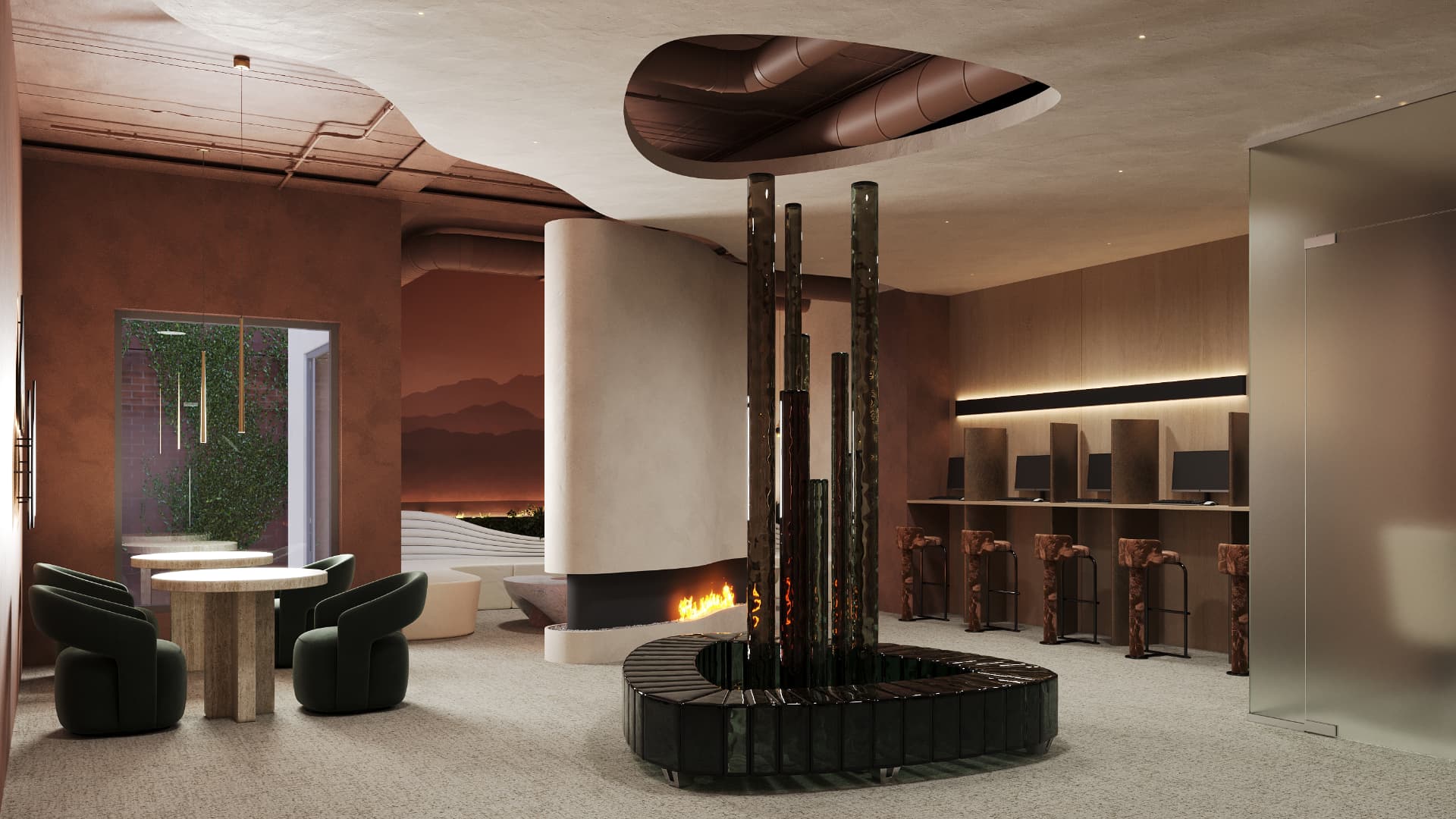 254 W 34 St — terracotta amenity lounge with sculptural fireplace and coworking bar