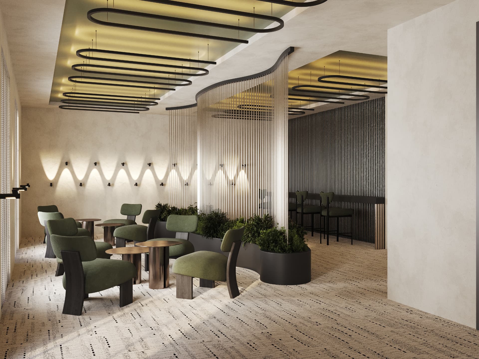 Co-working lounge with green armchairs and ring lighting