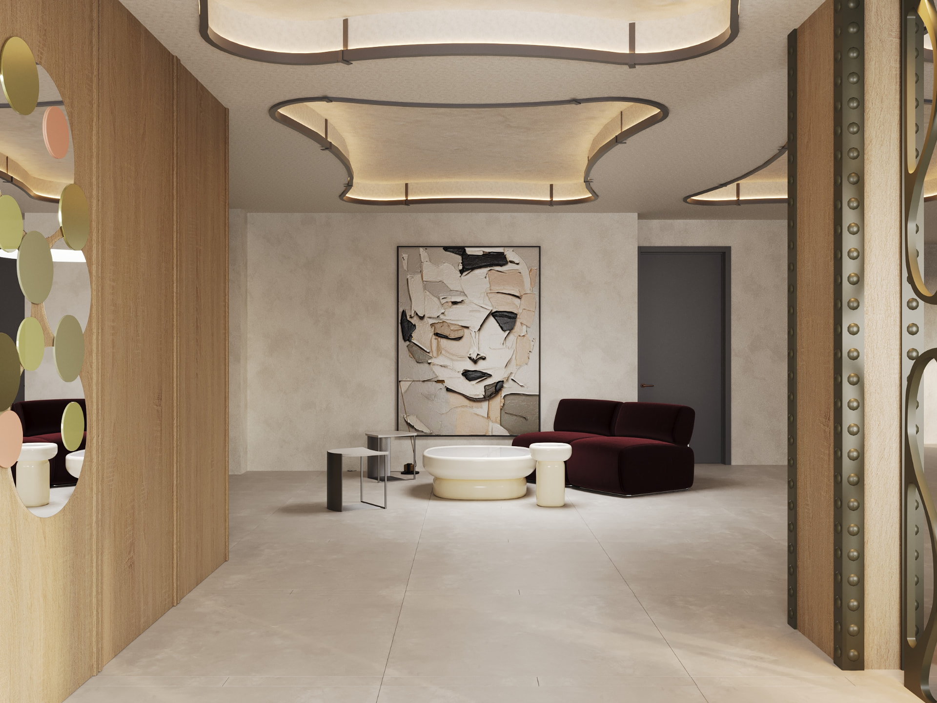 Lobby seating area with oak millwork and artwork