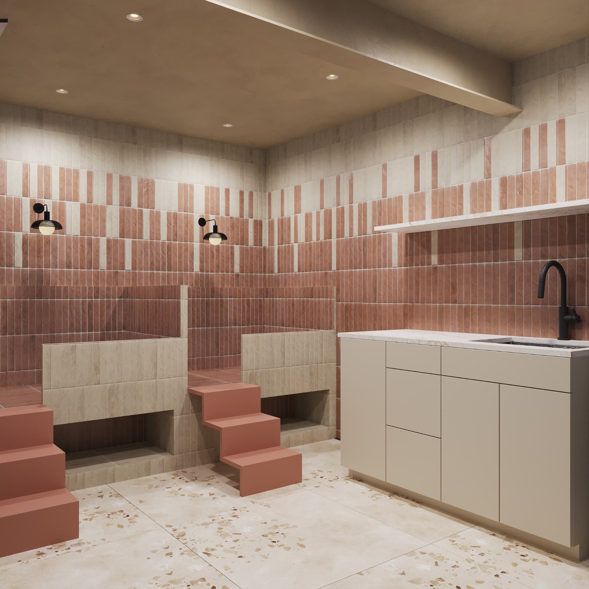 Pet spa with terracotta stack-bond tile, wash bays and terrazzo floor