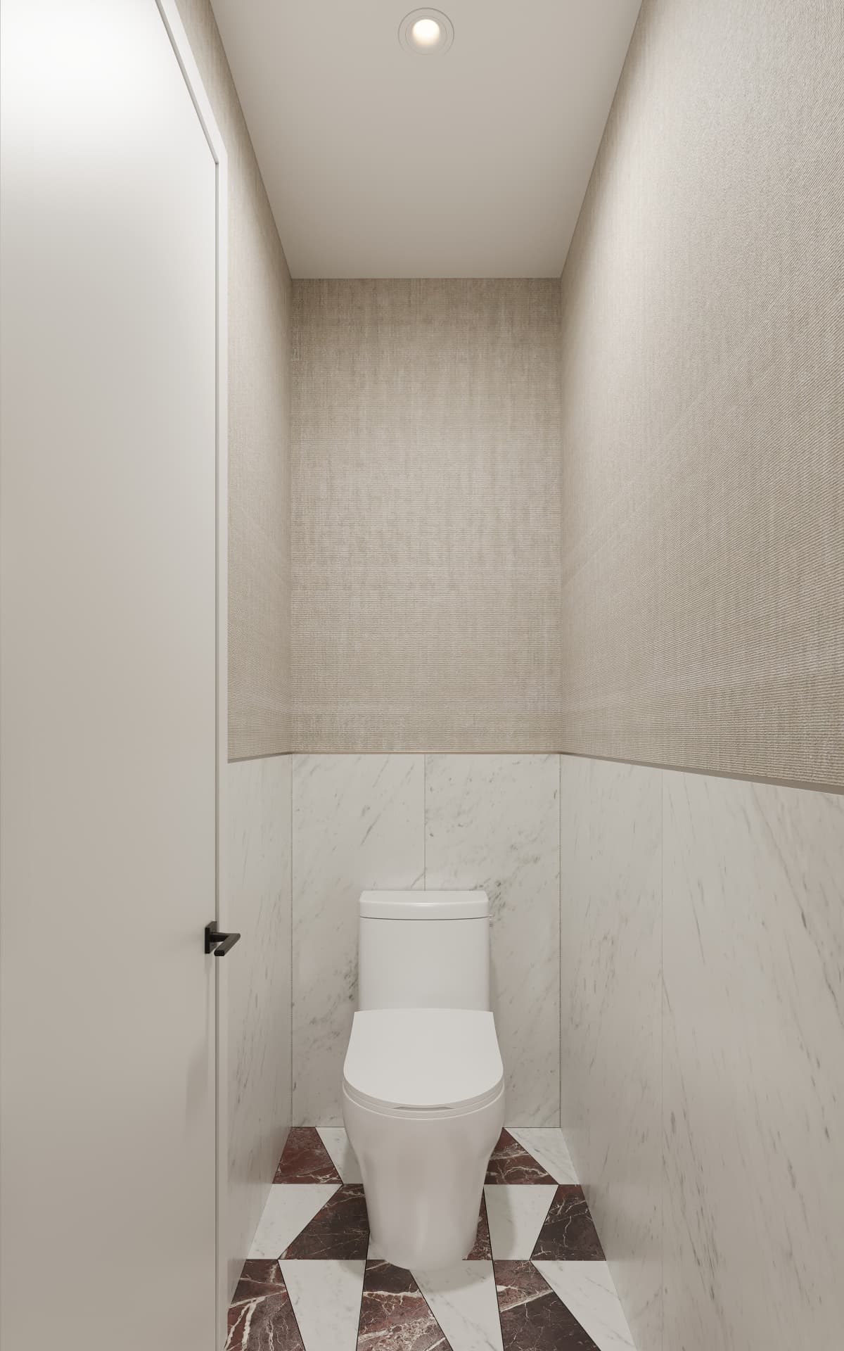 Powder room with marble wainscot, textured wallcovering and patterned marble floor