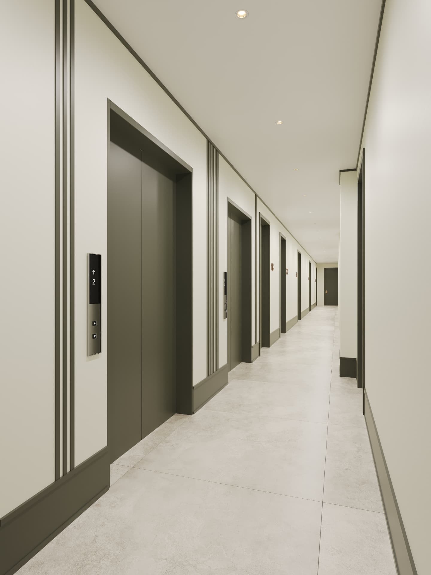 Residential corridor with olive door frames