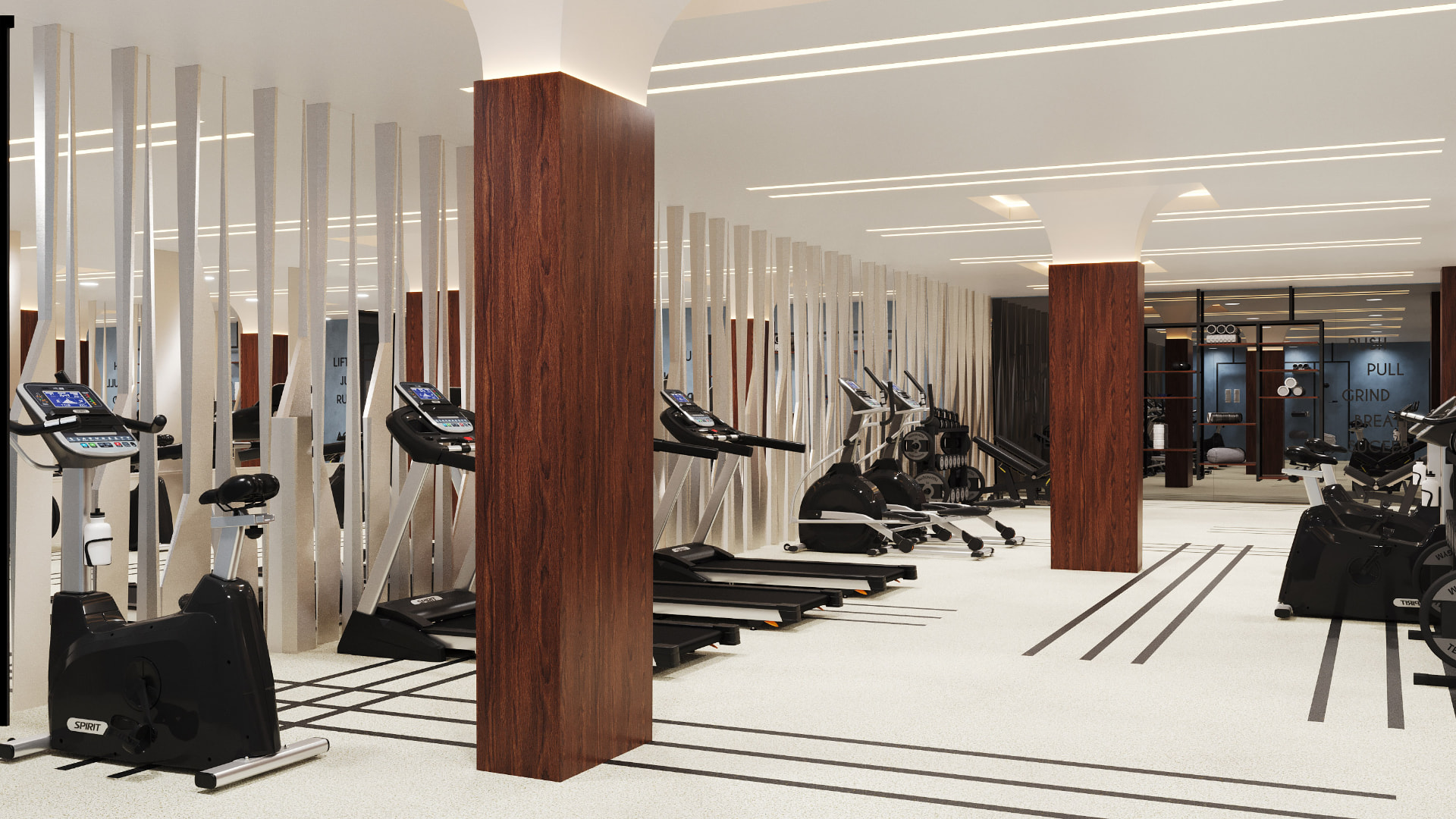 Fitness floor with fluted white fins, timber columns and cardio equipment