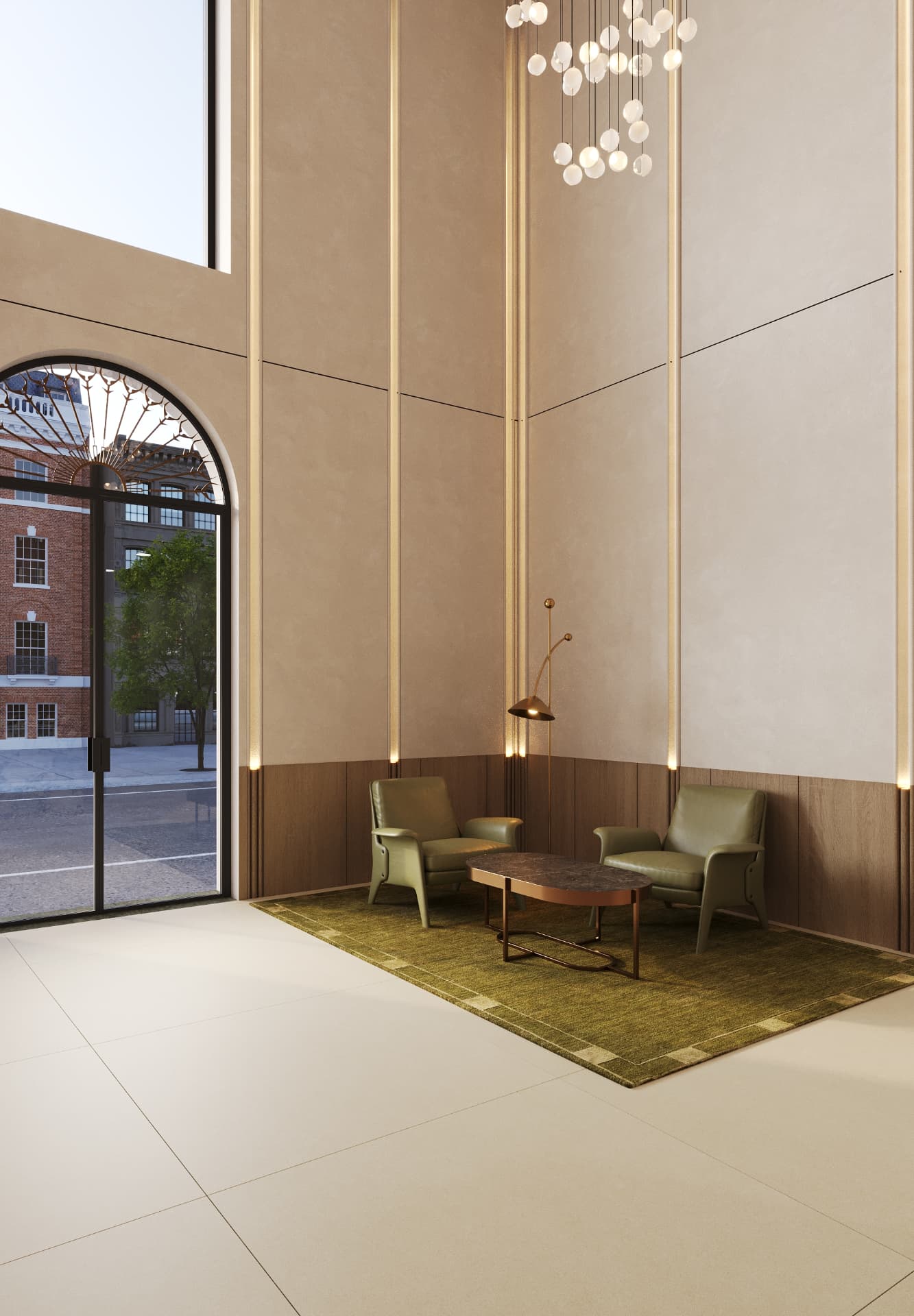 Double-height lobby with plaster walls, brass reveals and olive leather lounge chairs