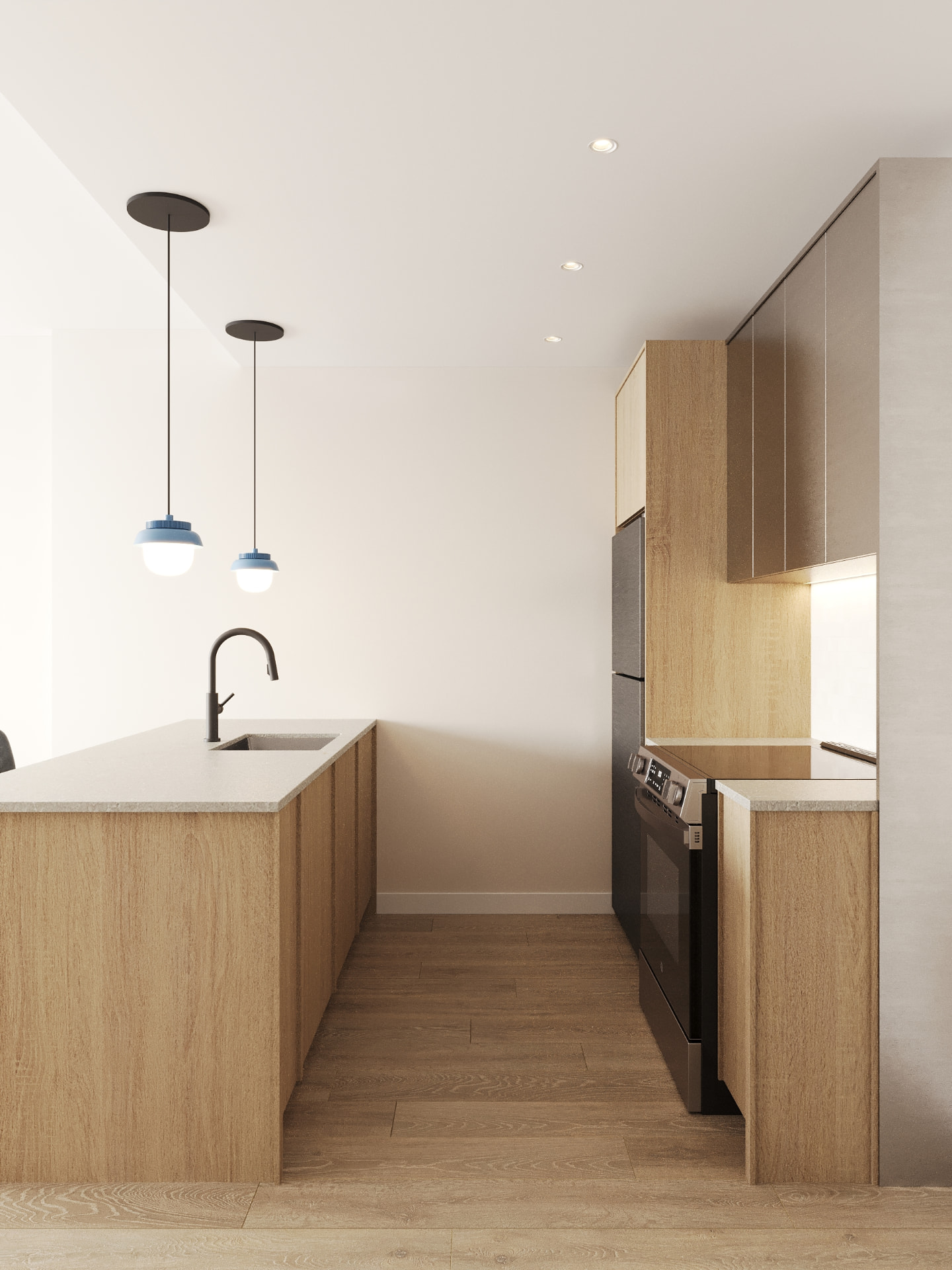Residence kitchen with pale oak cabinetry, terrazzo counters and blue globe pendants
