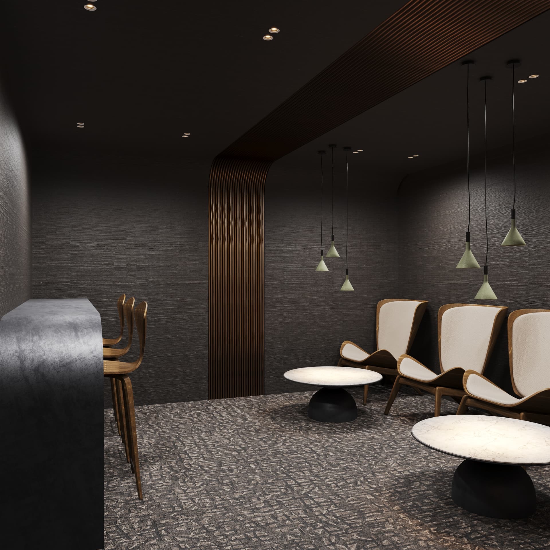 Co-working lounge with fluted timber portal and pendant lighting