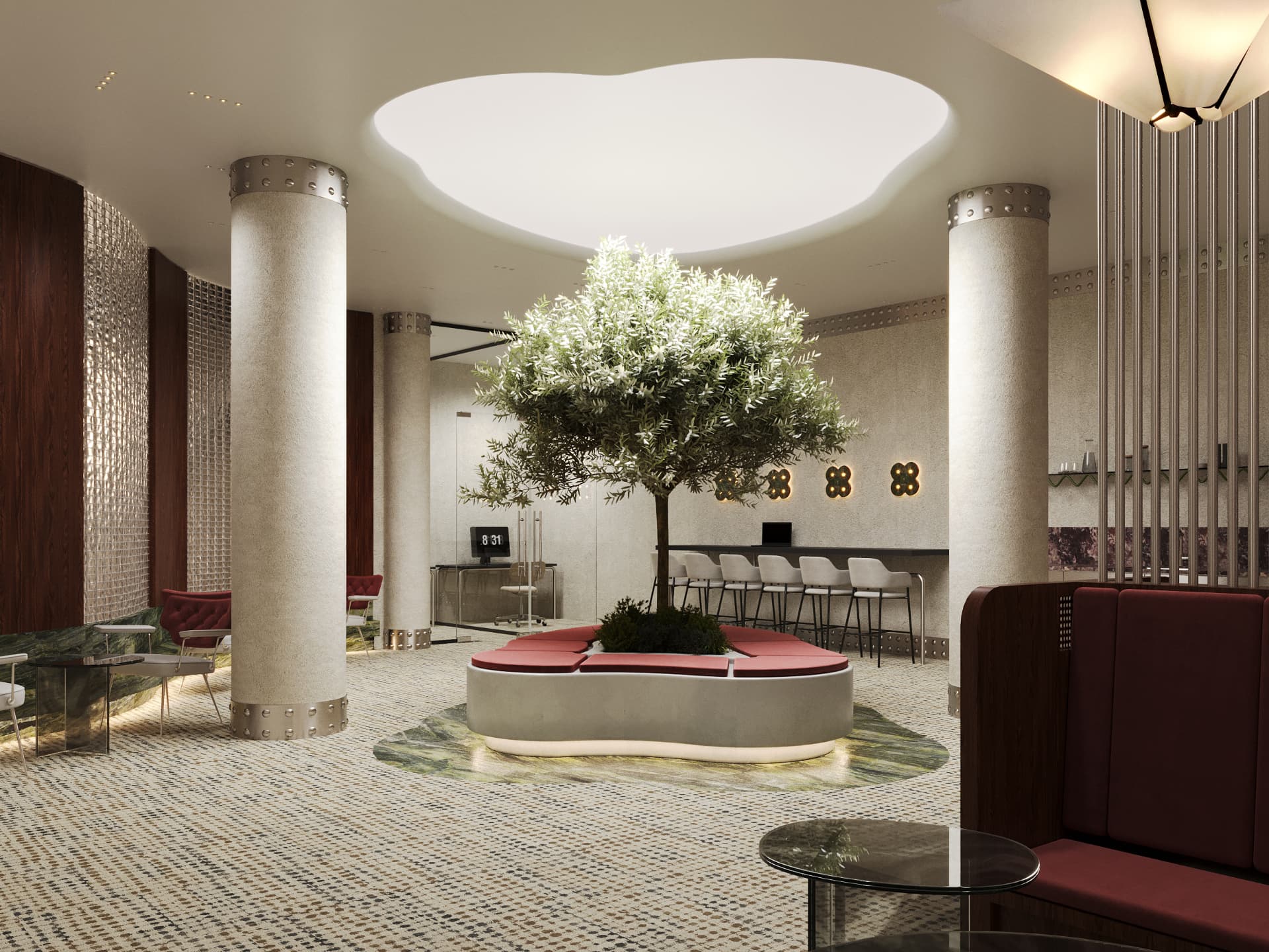 Co-working lounge with olive tree, stone columns and banquette seating