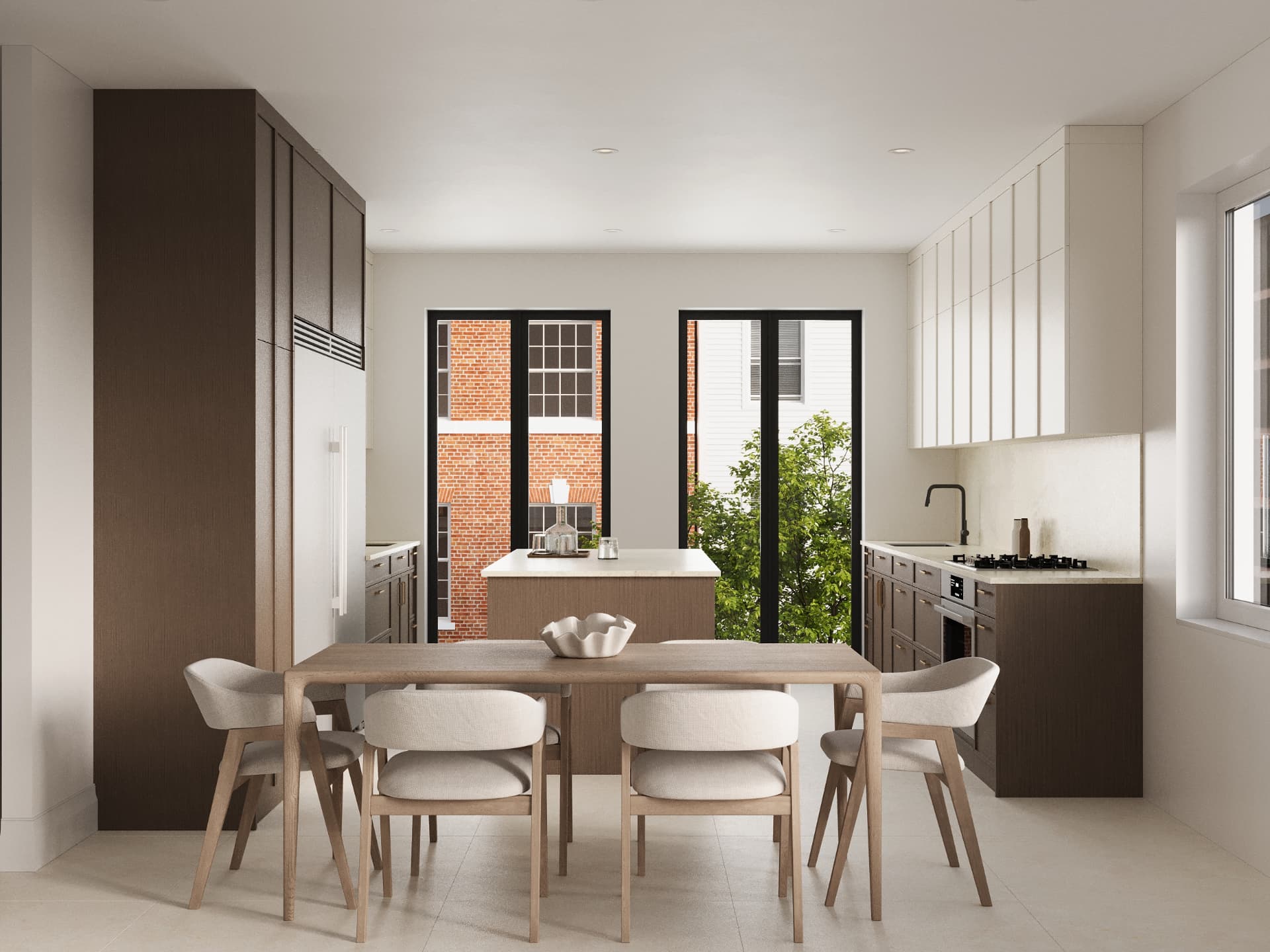 Residence kitchen with dark oak cabinetry, stone island and oak dining table