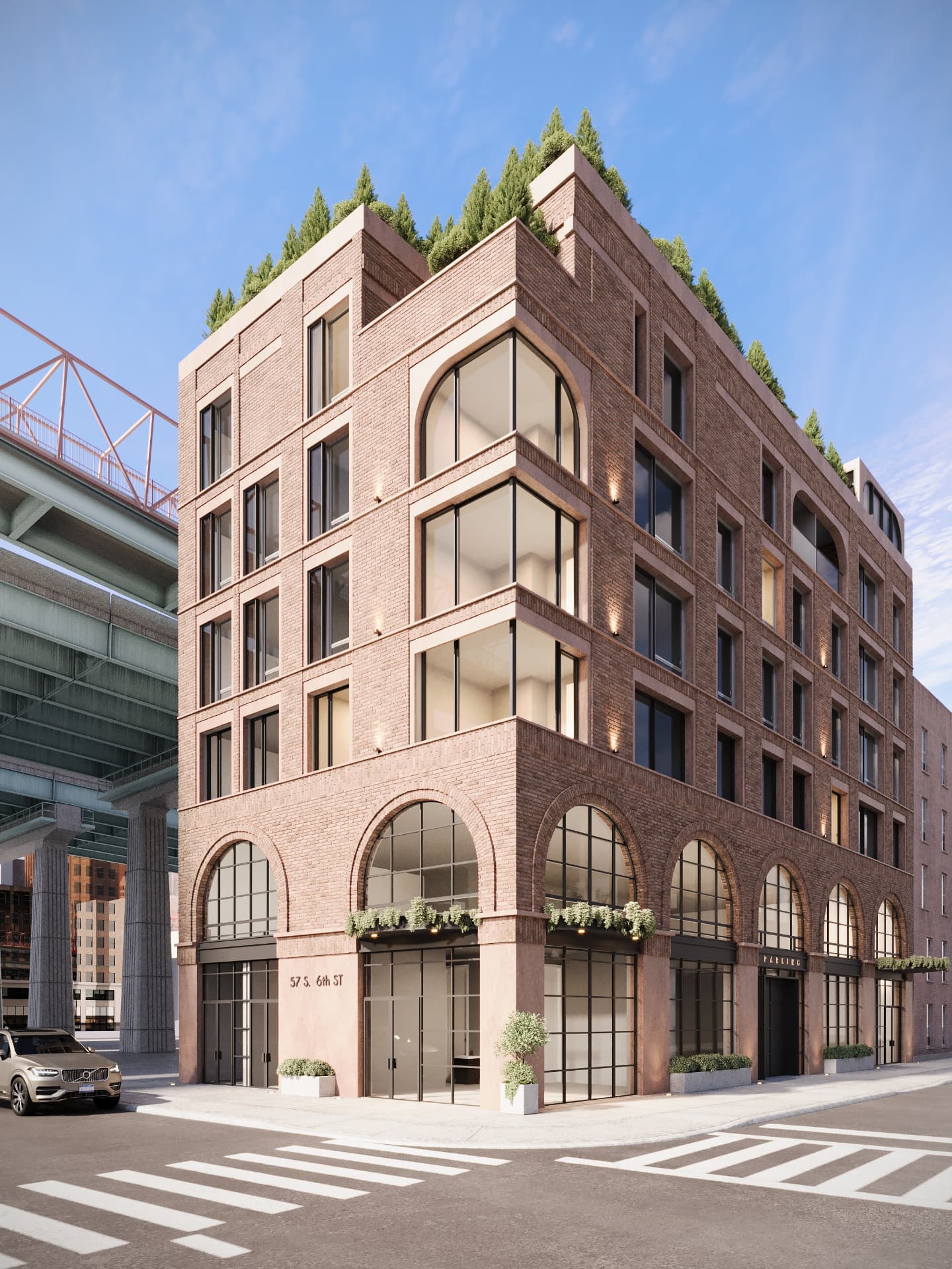 Corner facade with arched masonry openings