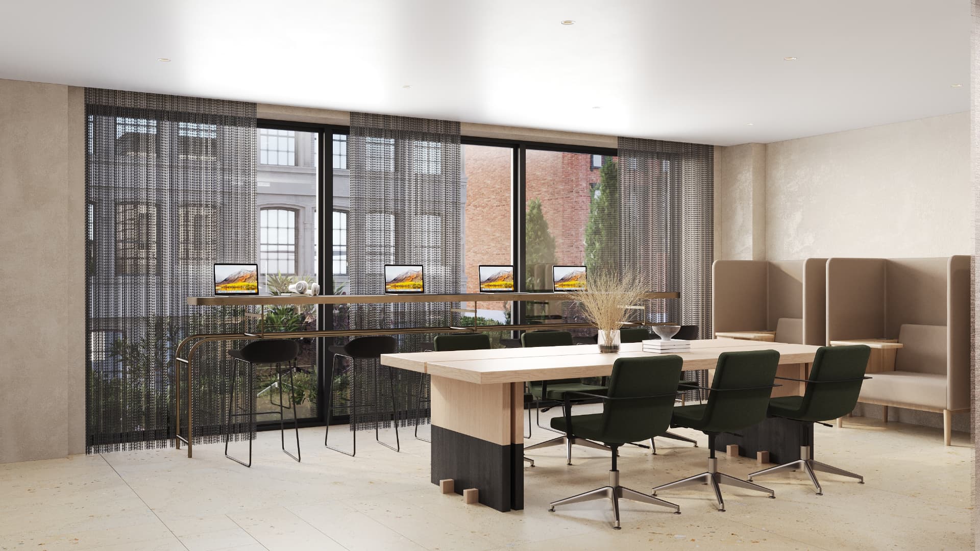 Work lounge with chain-mail drapery and privacy booths