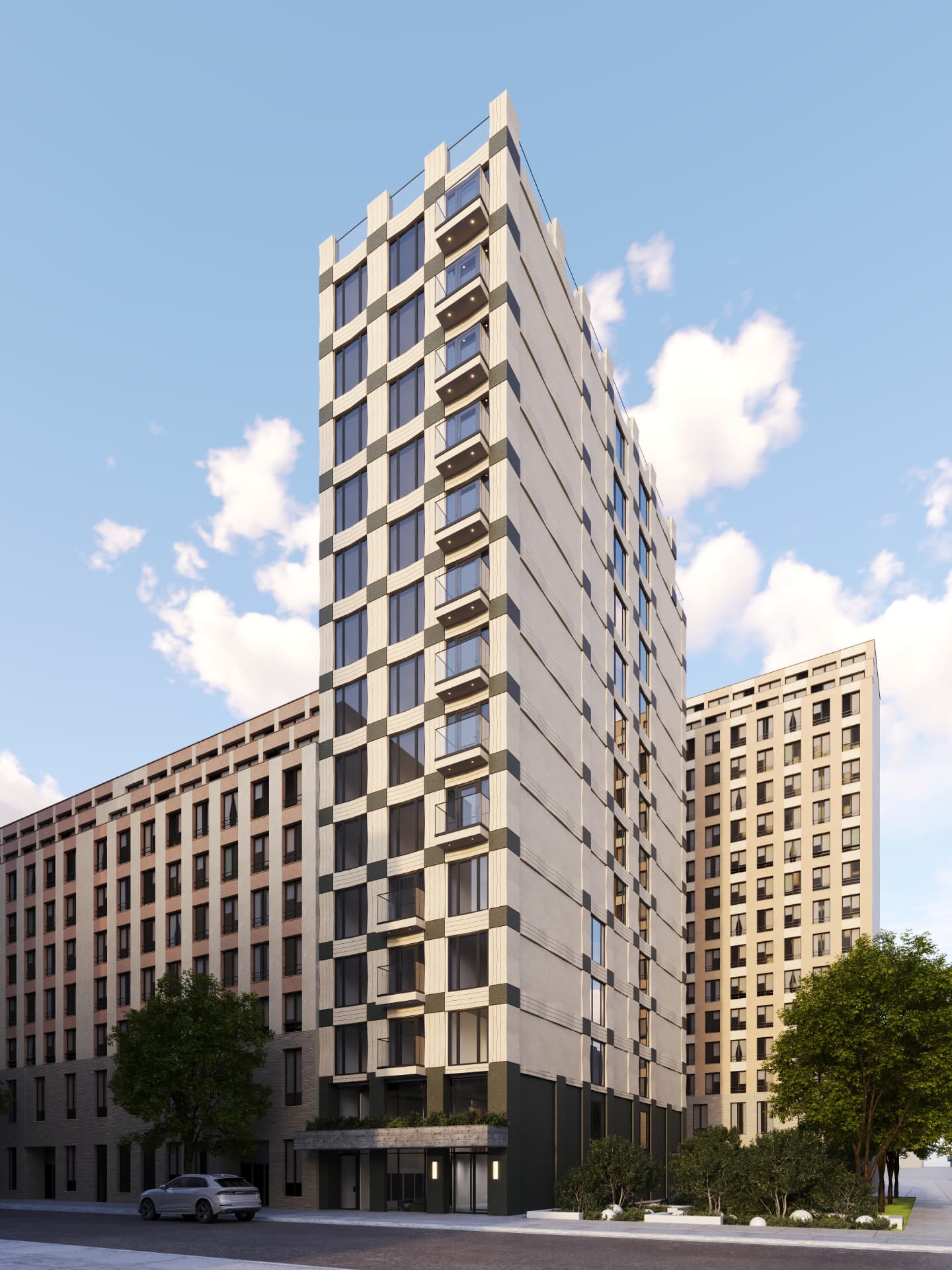 Tower seen from the street with stepped corner balconies