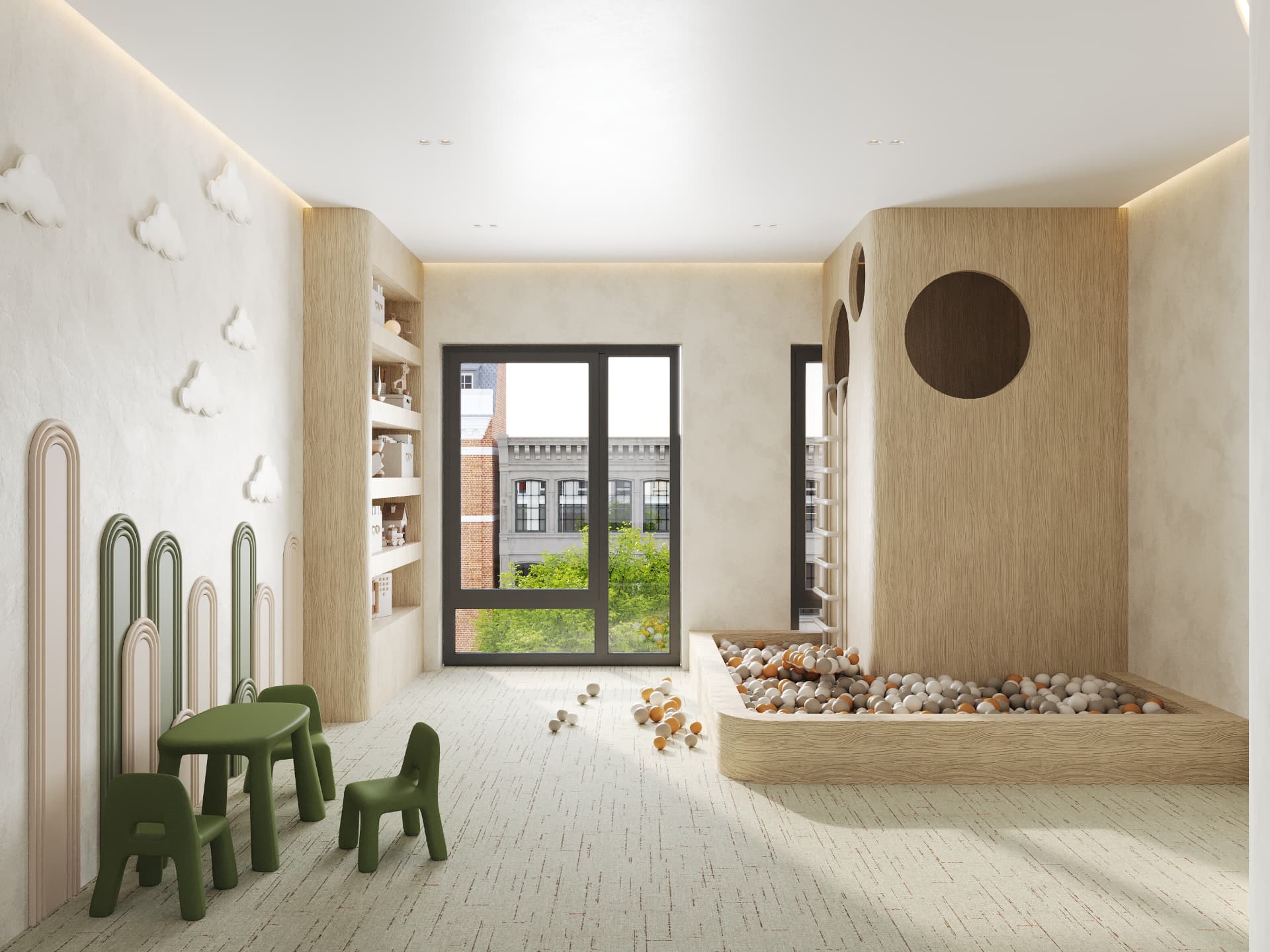 Children's playroom with cloud reliefs, arched millwork, ball pit and climbing wall