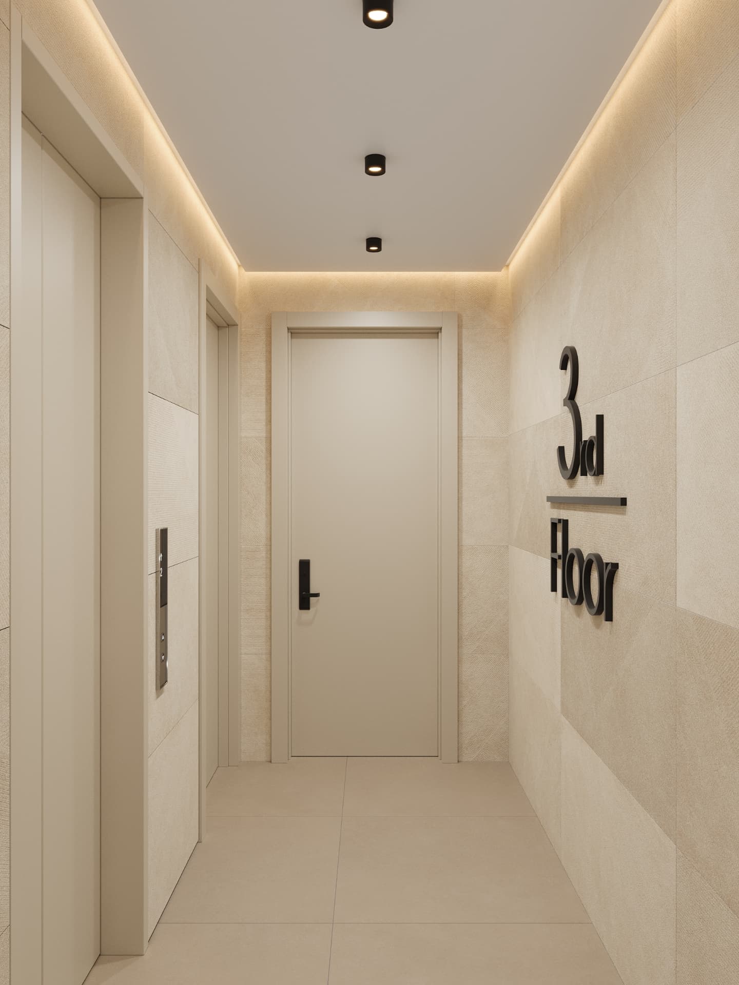 Residential corridor in cream textured wallcovering with cove lighting and floor signage