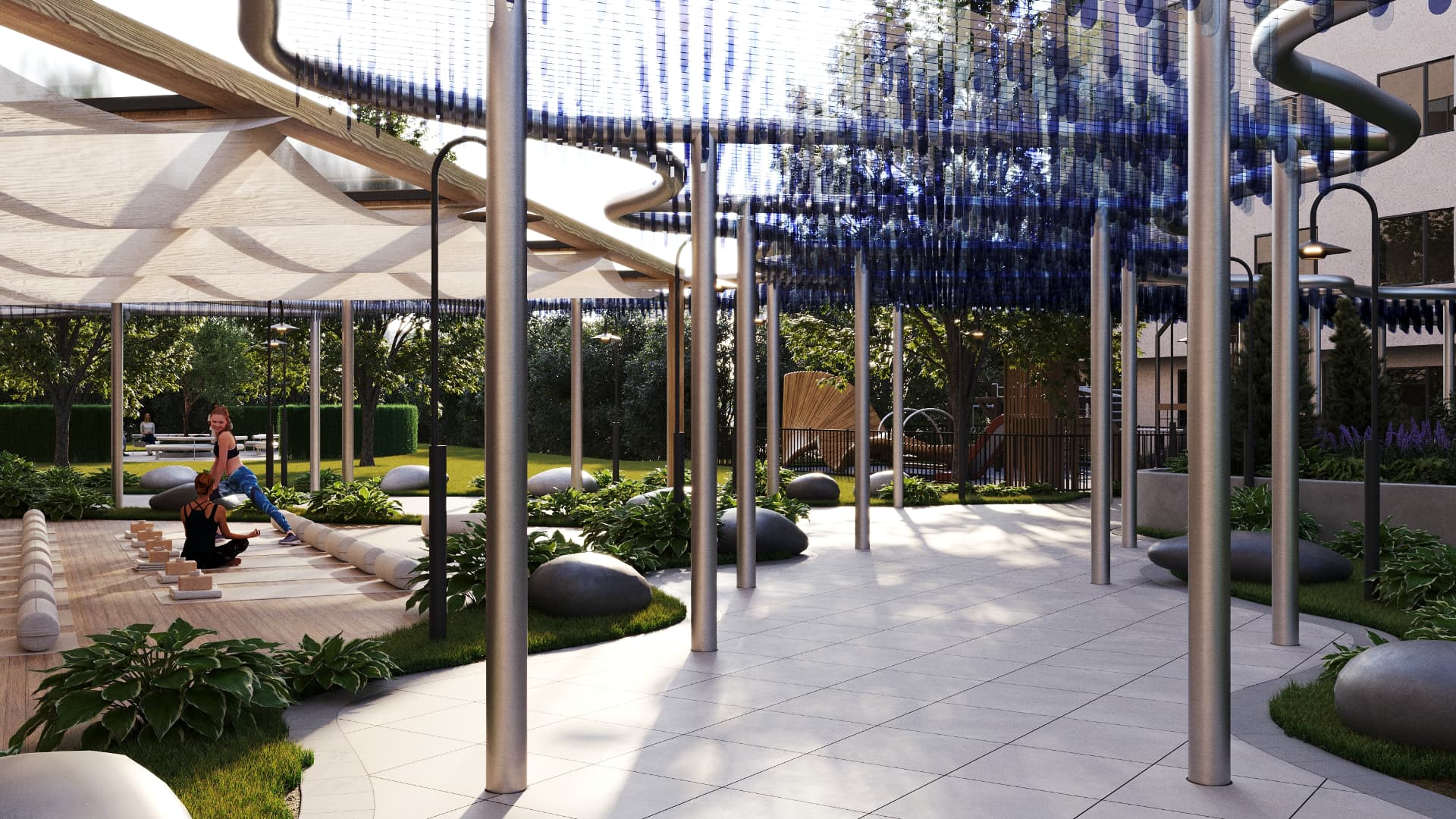 Stainless trellis hung with cobalt glass over the paved courtyard