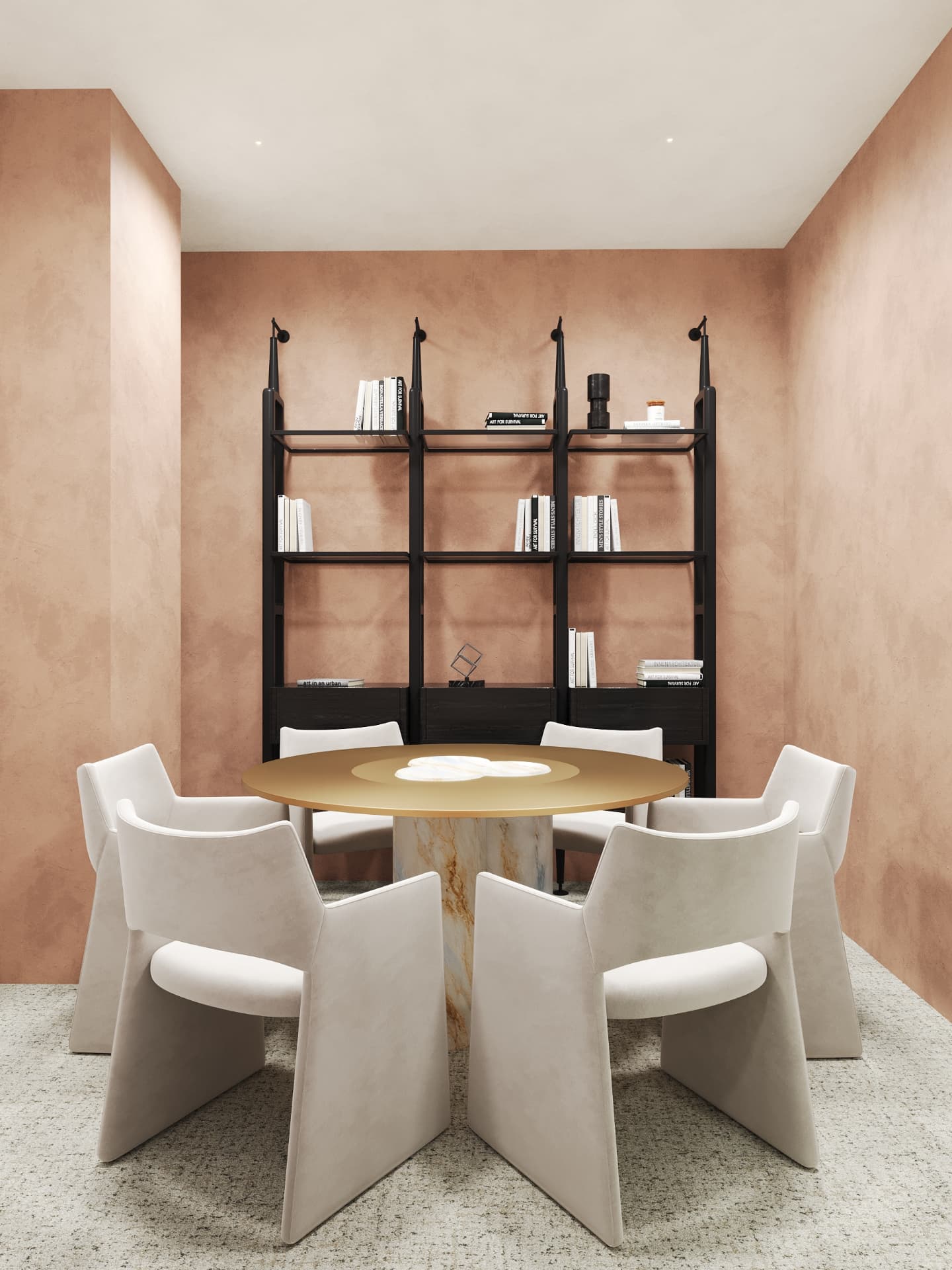 Private conference room with clay plaster walls, brass table and black shelving