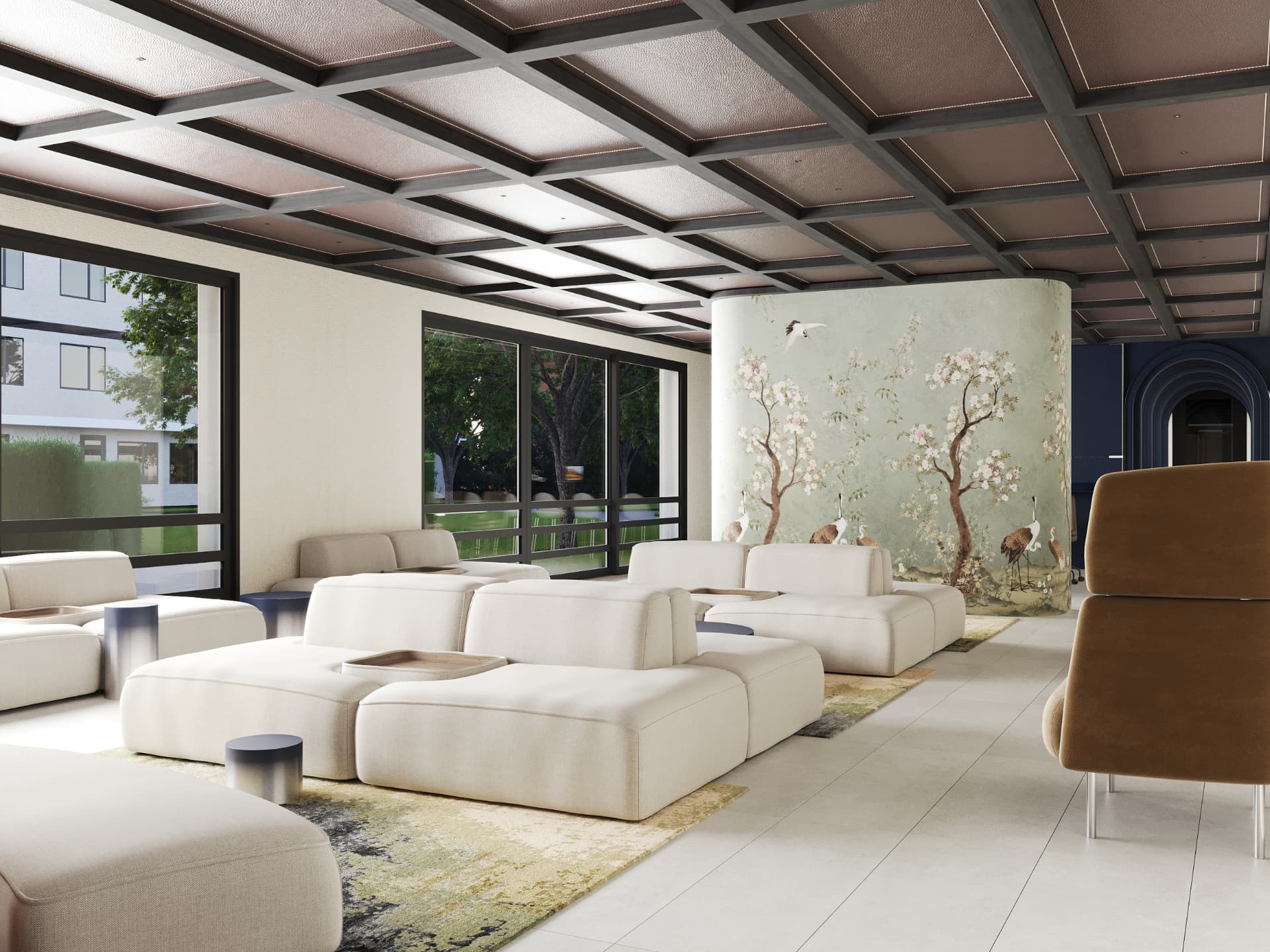 Resident lounge with coffered leather ceiling, modular ivory seating and a hand-painted blossom mural