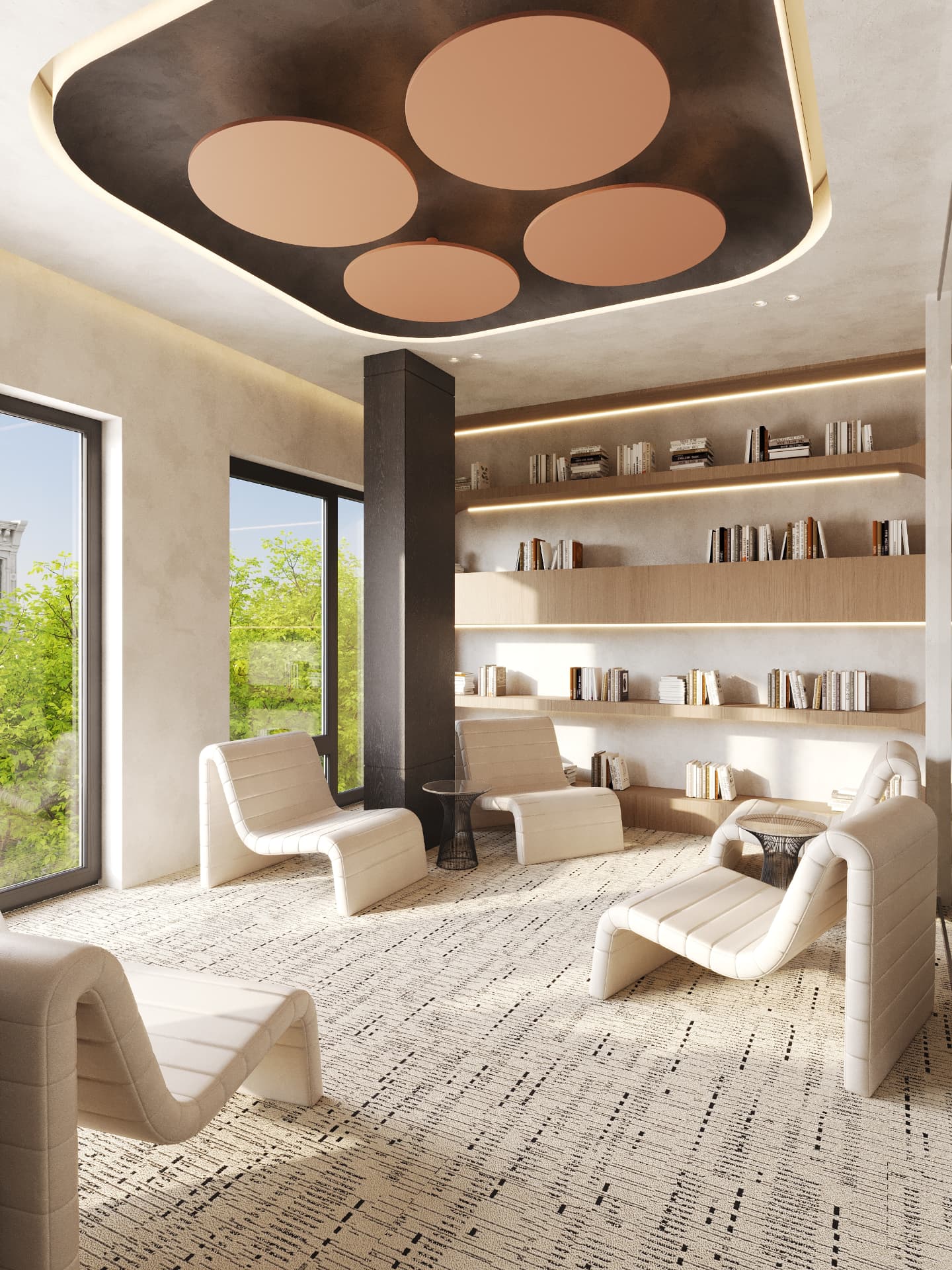 Library lounge with backlit oak shelving and sculpted clay ceiling with terracotta discs