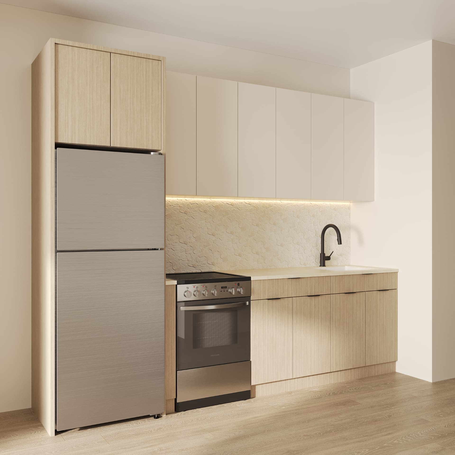 Residence kitchen with pale oak cabinetry, stone mosaic backsplash and quartz counter
