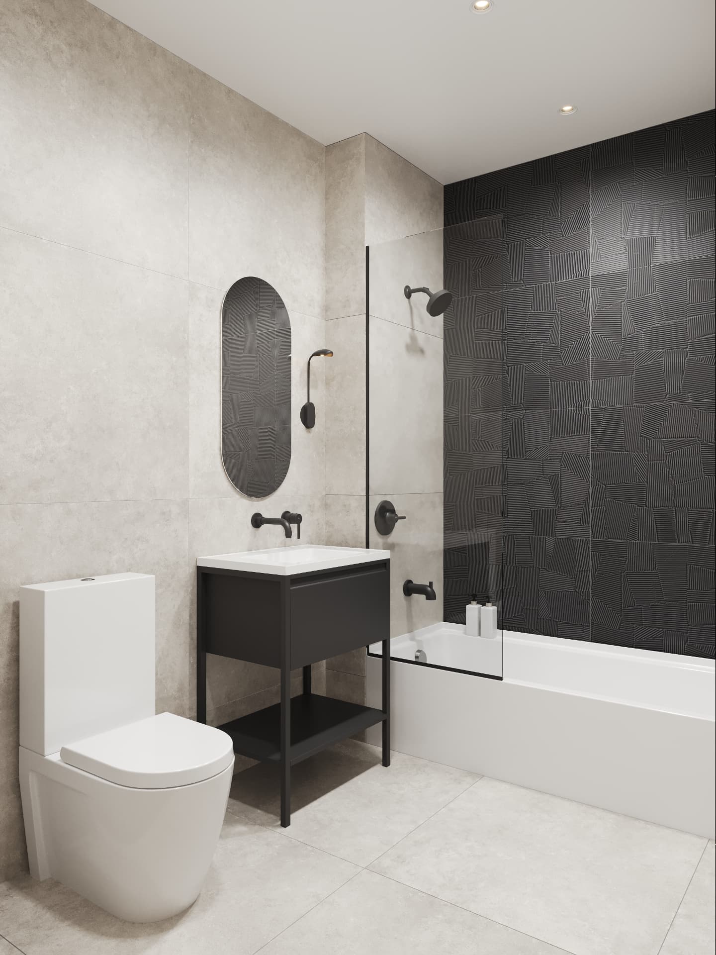 Residence bathroom with textured black tile and black fixtures