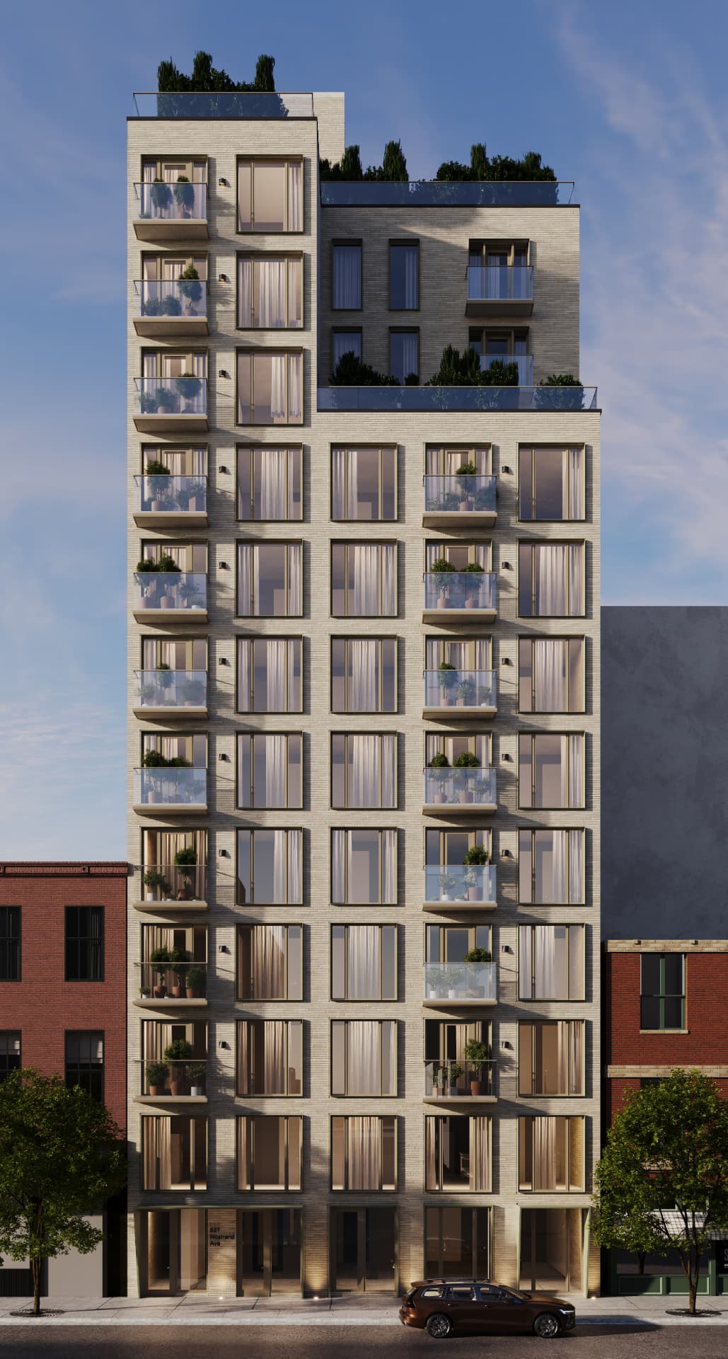 Full street elevation of the pale brick tower with planted balconies