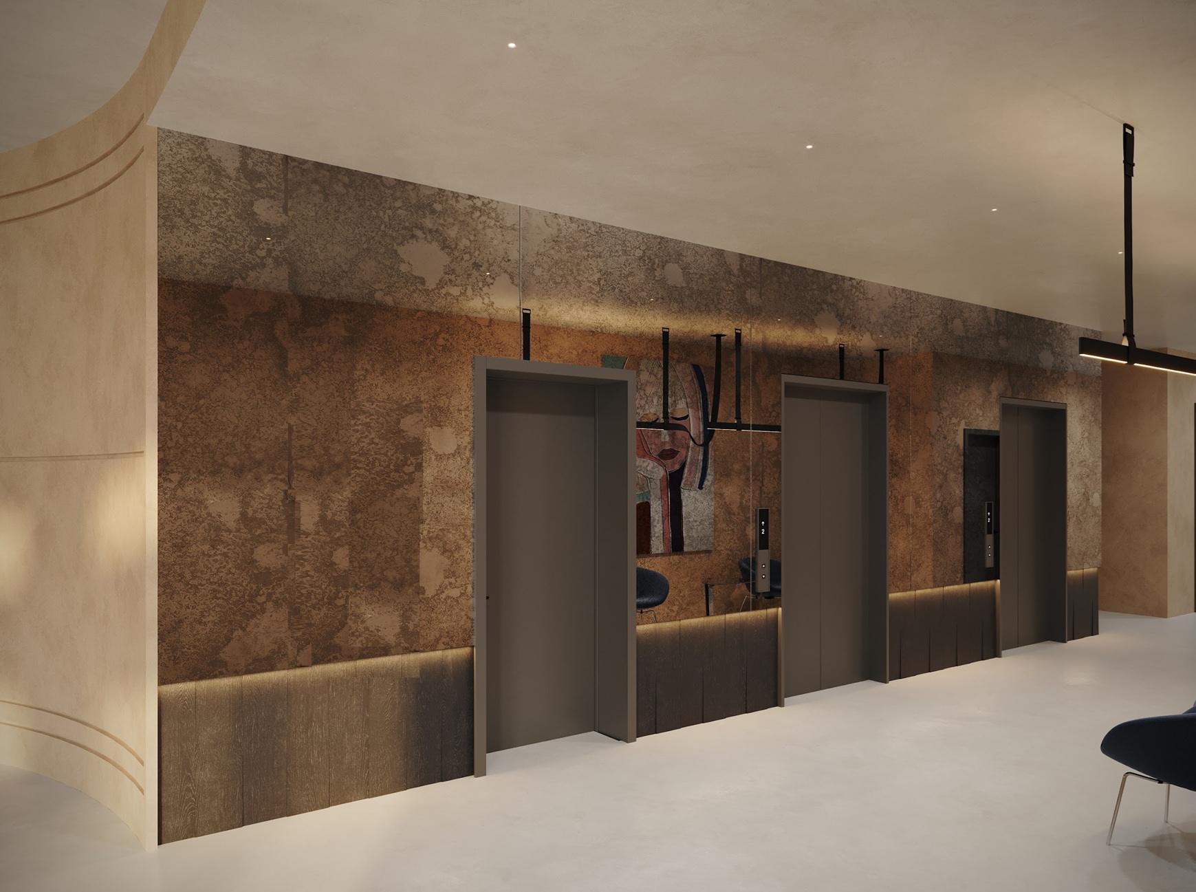 Elevator lobby with oxidised metallic wallcovering, oak wainscot and linear pendants
