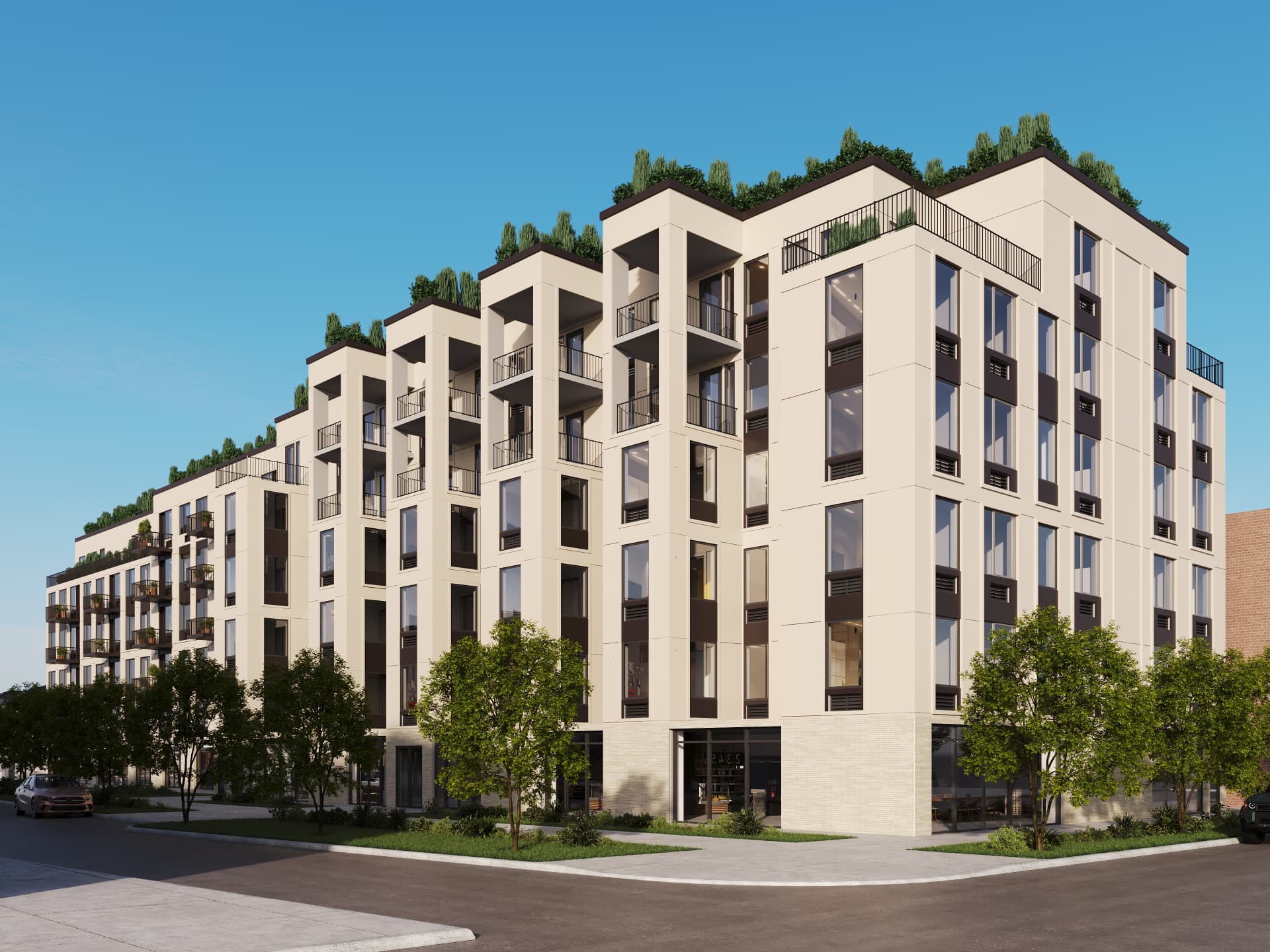 224 Beach 28 St — cream cast-stone building with stepped bays and planted setbacks