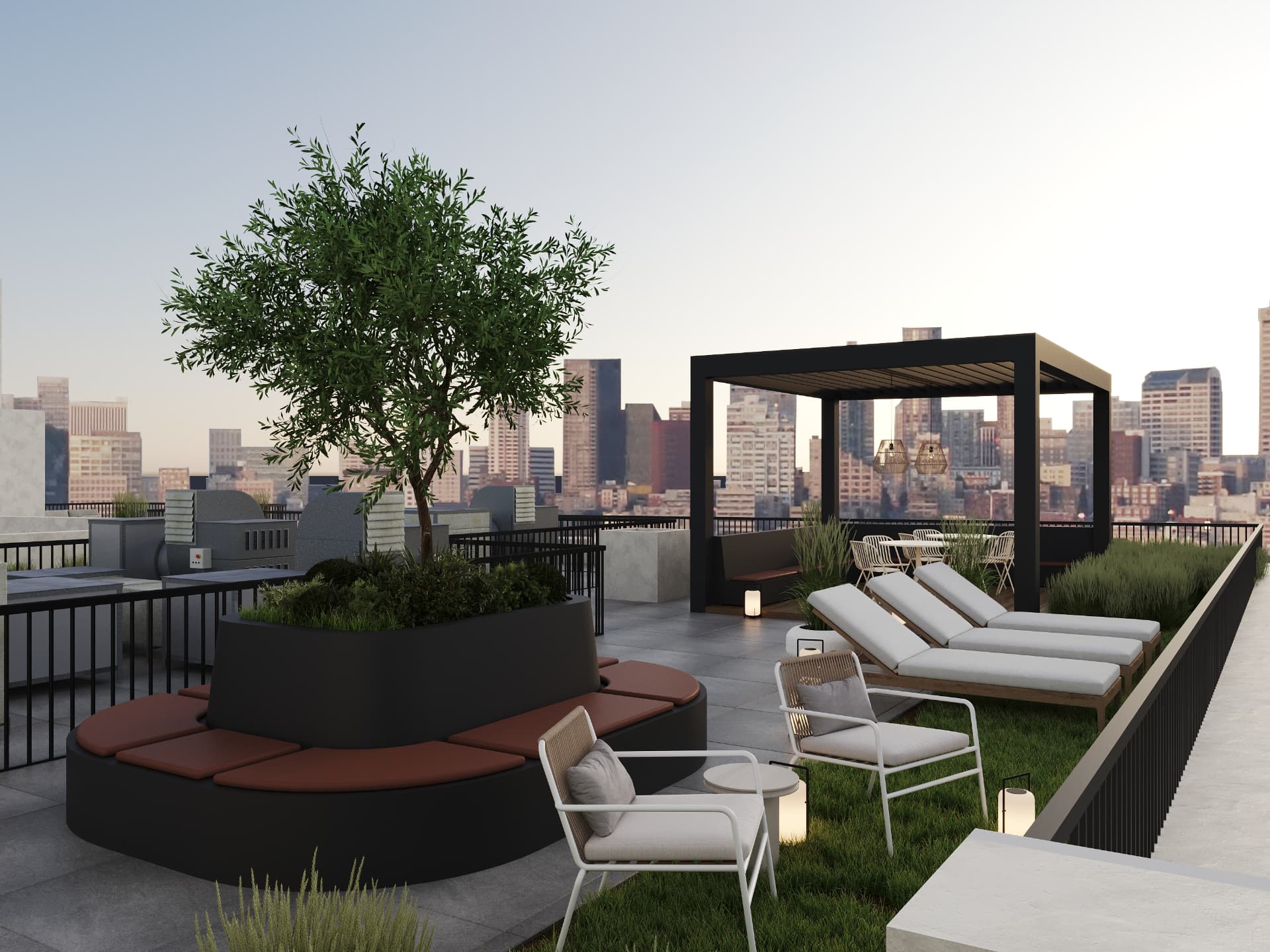 Rooftop lounge with circular tree bench, dining pergola and city views at dusk