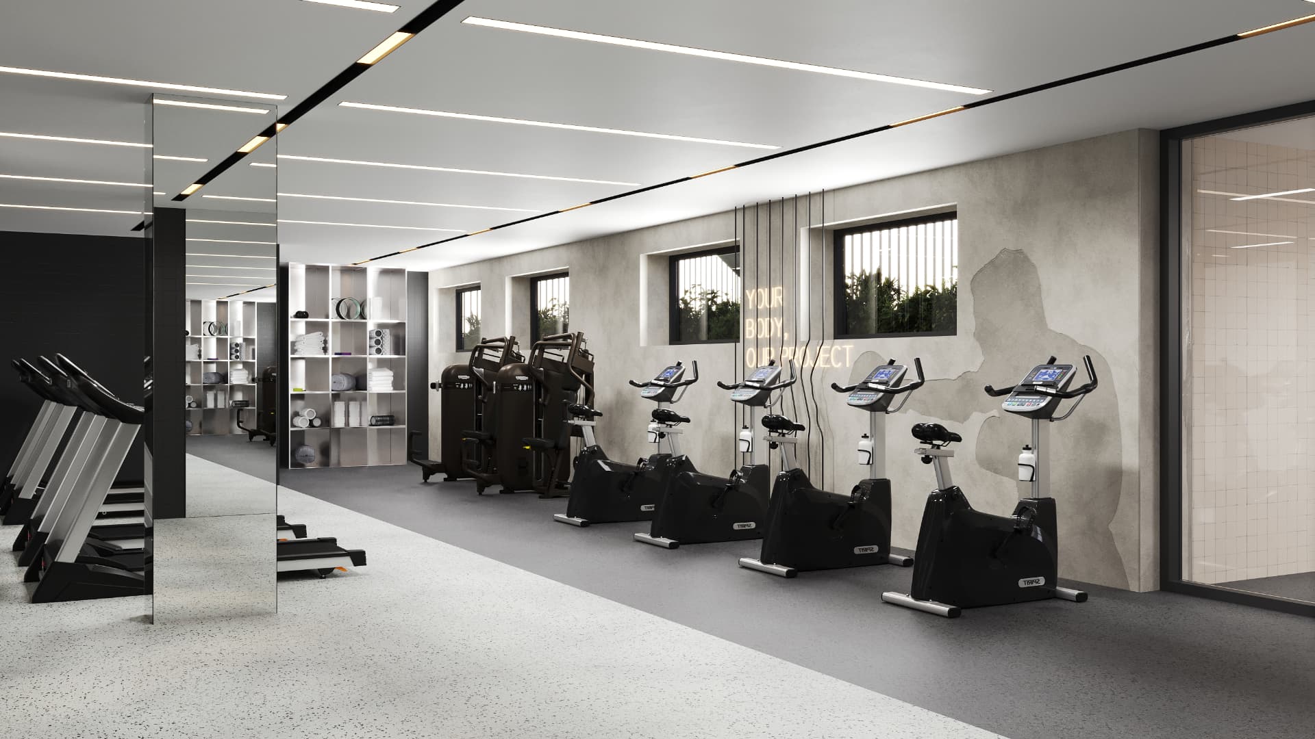 Fitness room with mirrored partitions and linear lighting