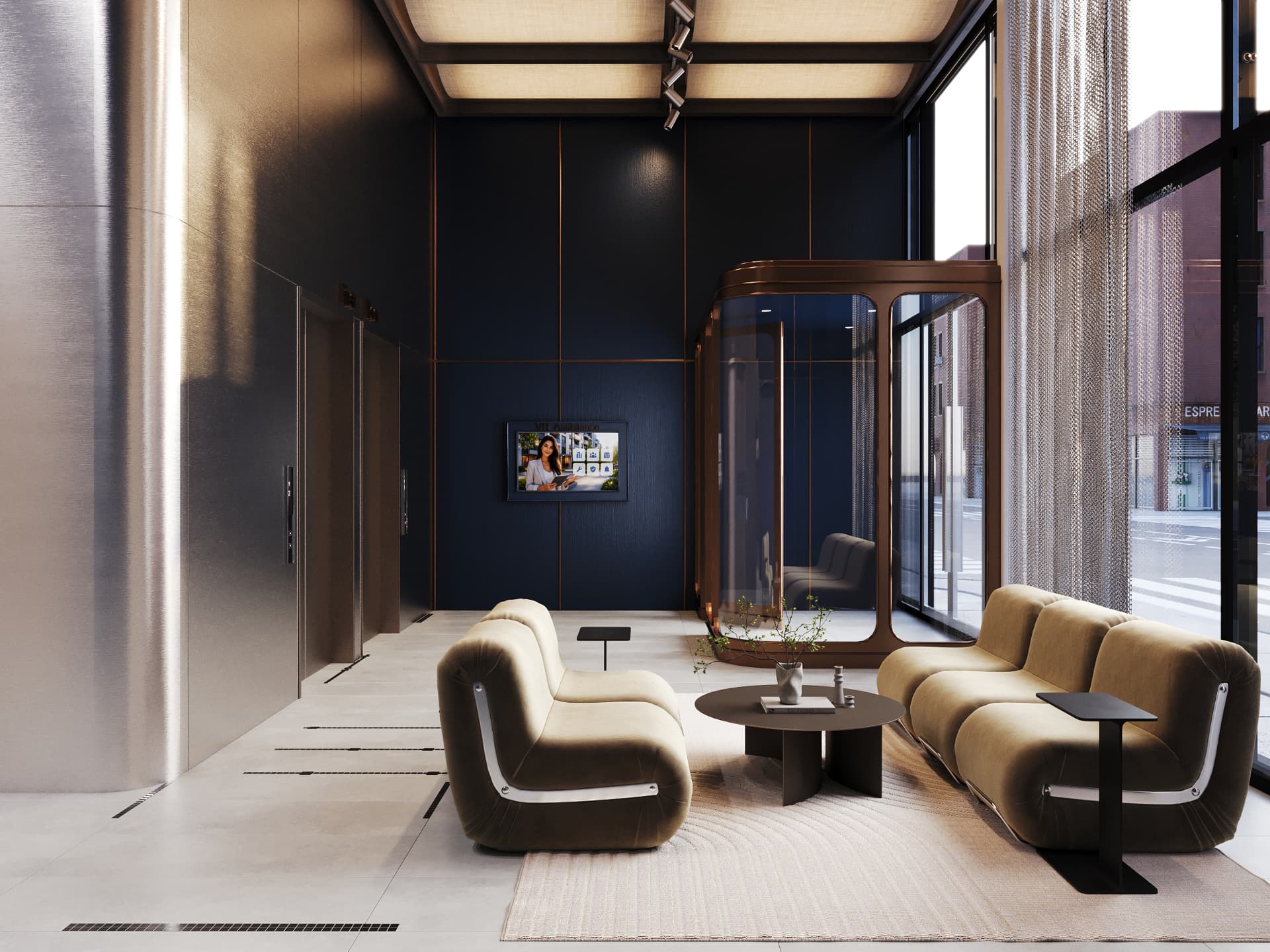 Double-height lobby with lacquered navy panels, brushed steel and olive seating