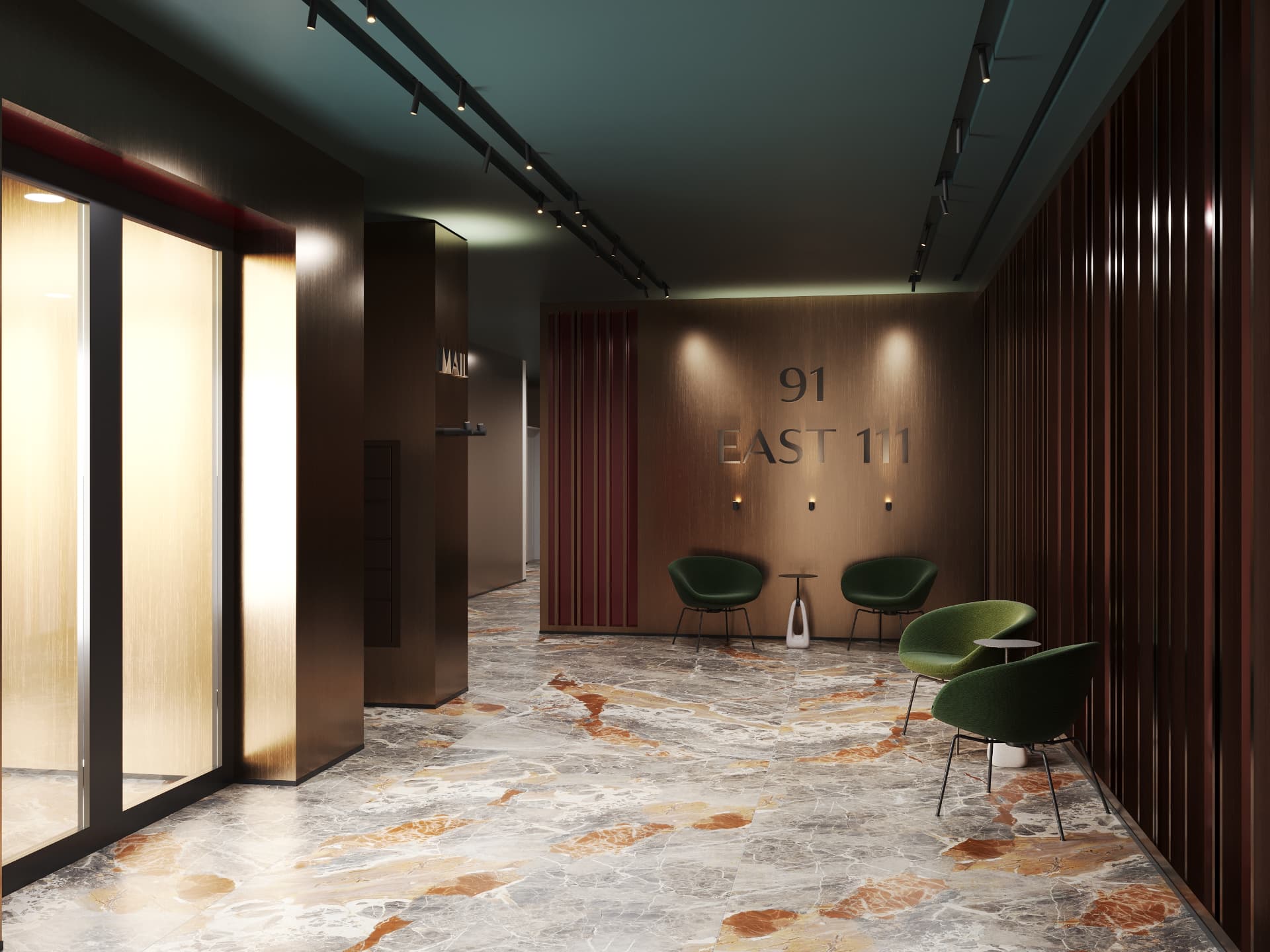 Lobby with bronze signage wall, green lounge chairs and figured marble floor