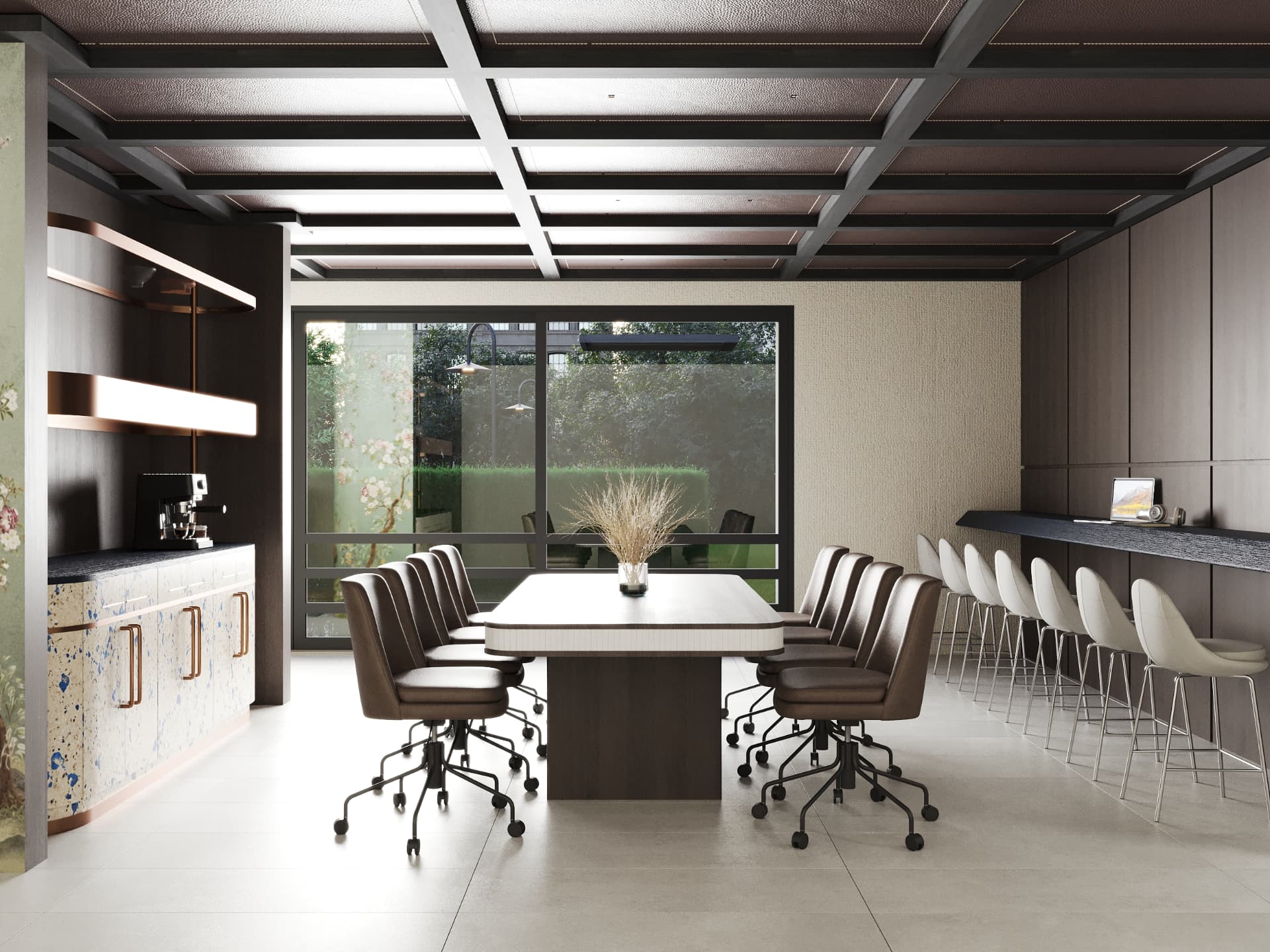 971 Dean St — double-height lobby with inky lacquered panels and copper reveals