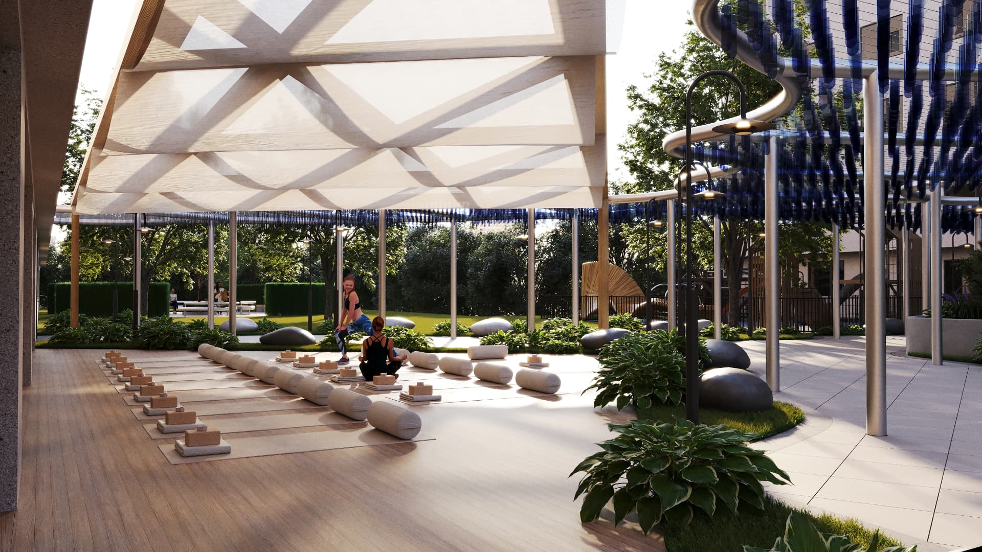 Courtyard yoga deck under a timber canopy beside planted lawns
