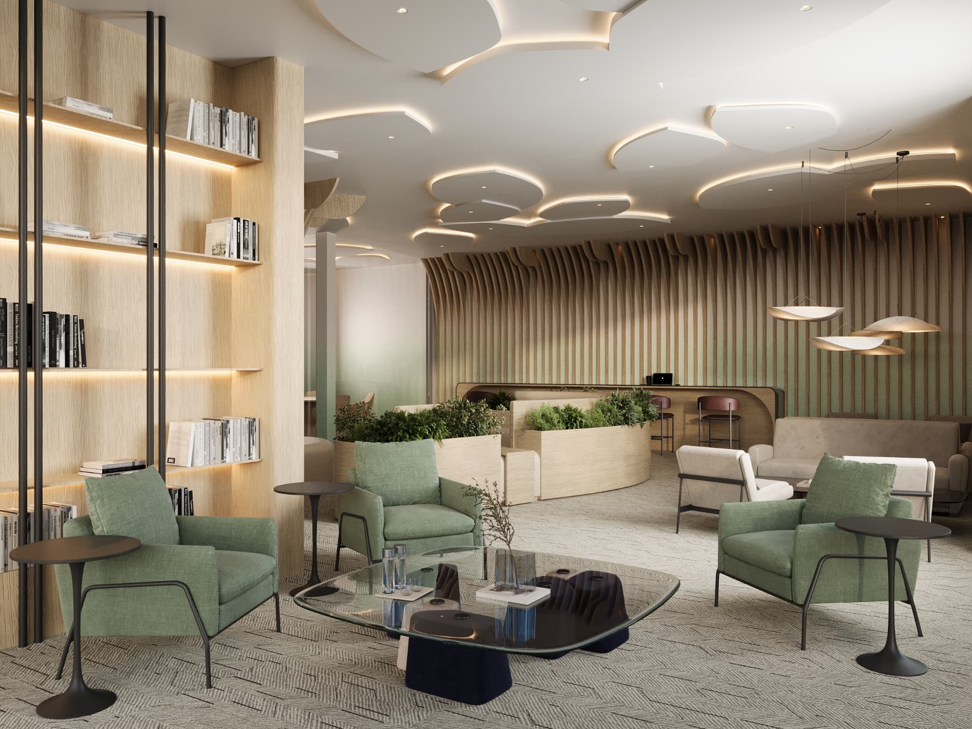 1445 Fulton — curved lobby lounge in mineral plaster with sculpted lit ceiling