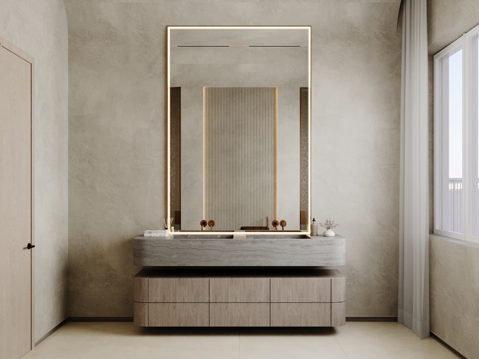 Primary bathroom vanity with marble surround and sconces