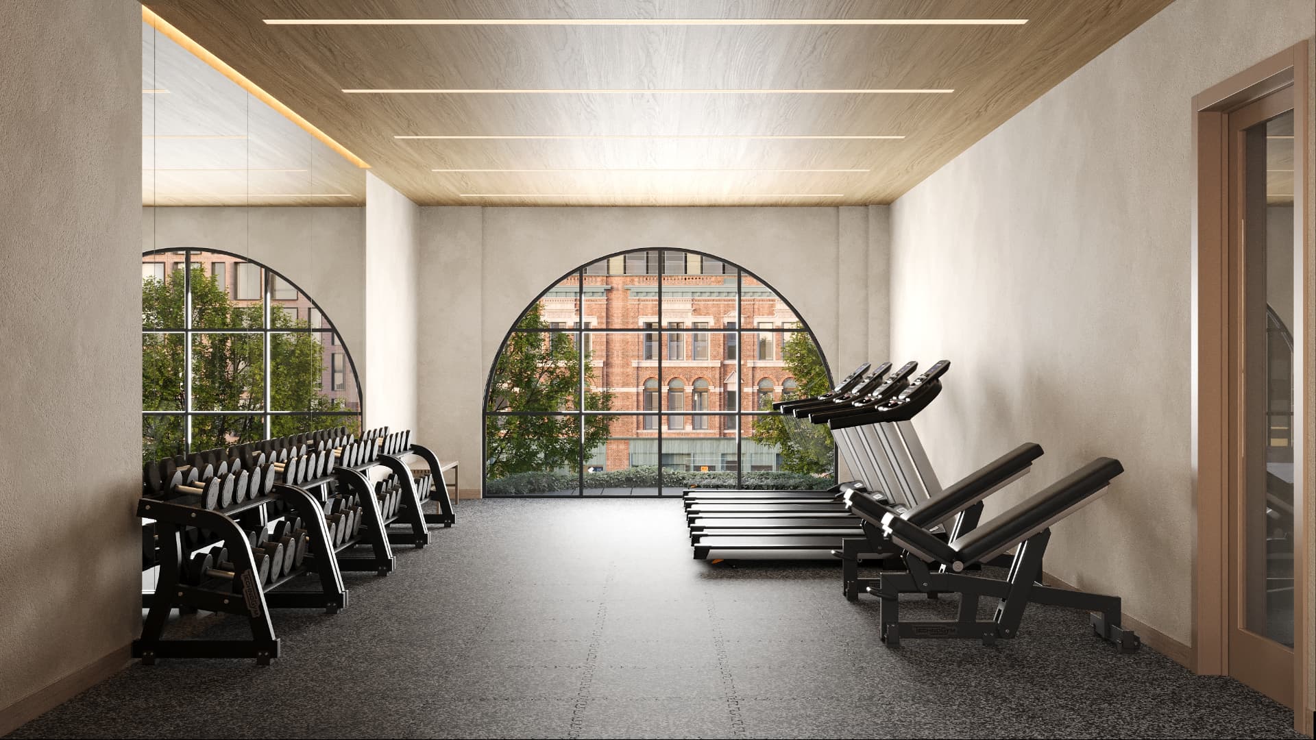 Fitness room with arched windows and slatted wood ceiling