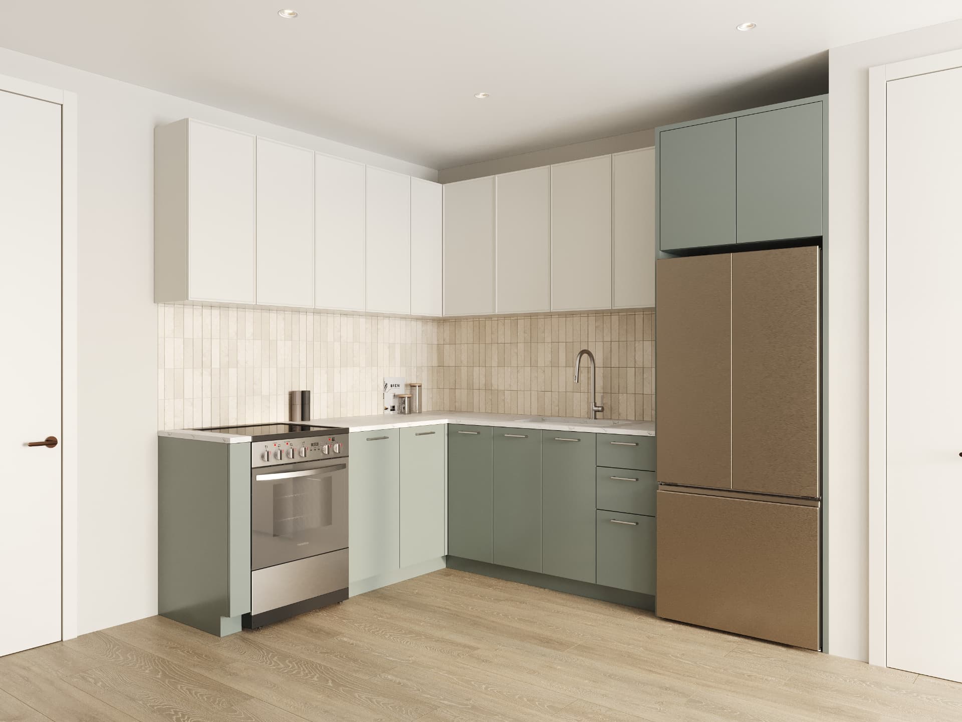 Residence kitchen with sage green base cabinetry, ivory uppers and stacked ceramic tile