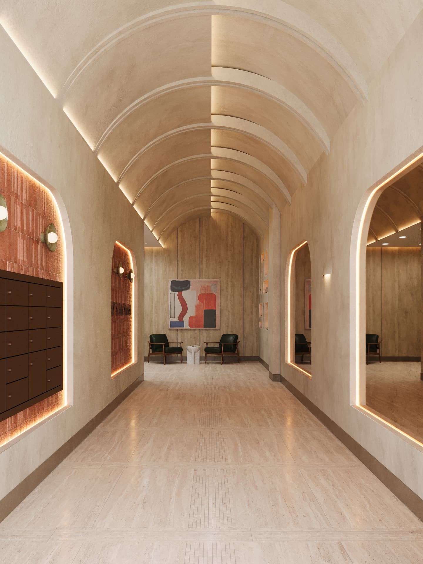 Vaulted lobby passage with illuminated arched niches
