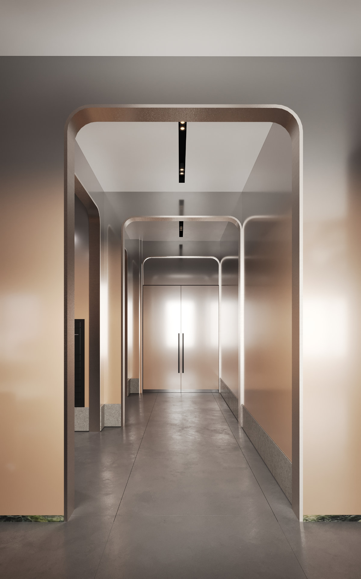 Arched mail room passage with brushed metal reveals