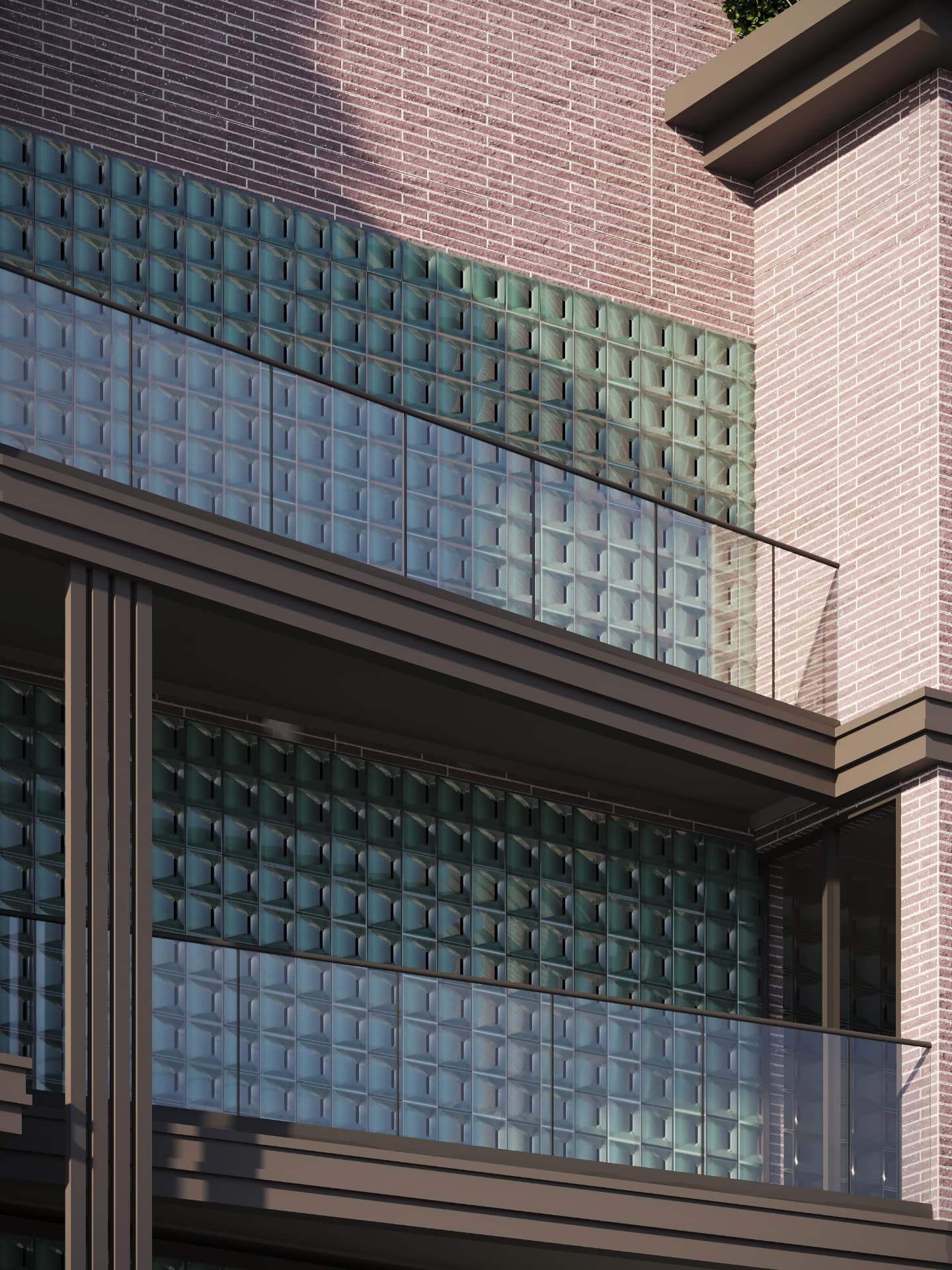 Close-up of brick and glass-block balcony detail