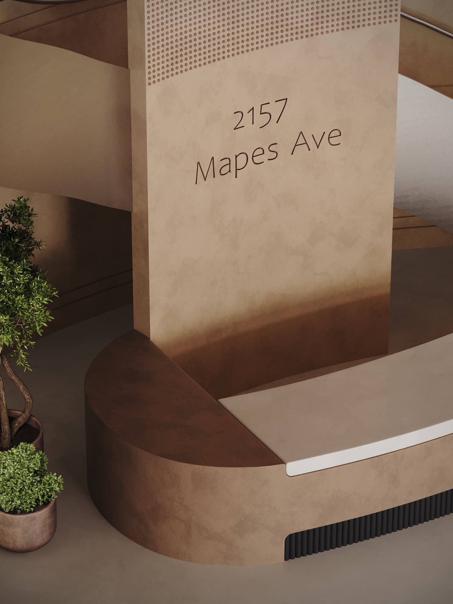 Residential lobby with warm brick arches, checkerboard flooring, and layered interior seating