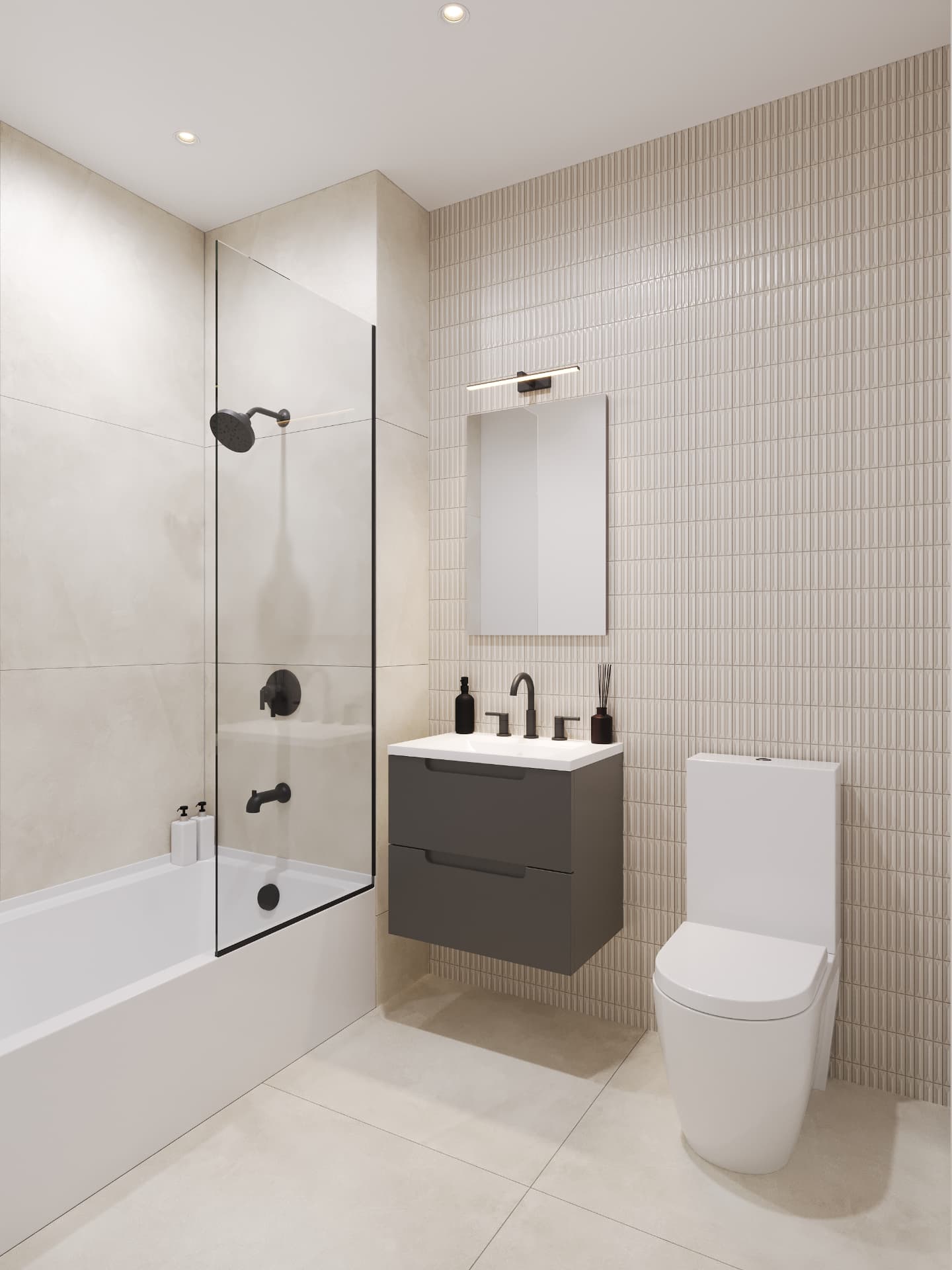 Residence bathroom with fluted beige tile, graphite vanity and matte black fittings