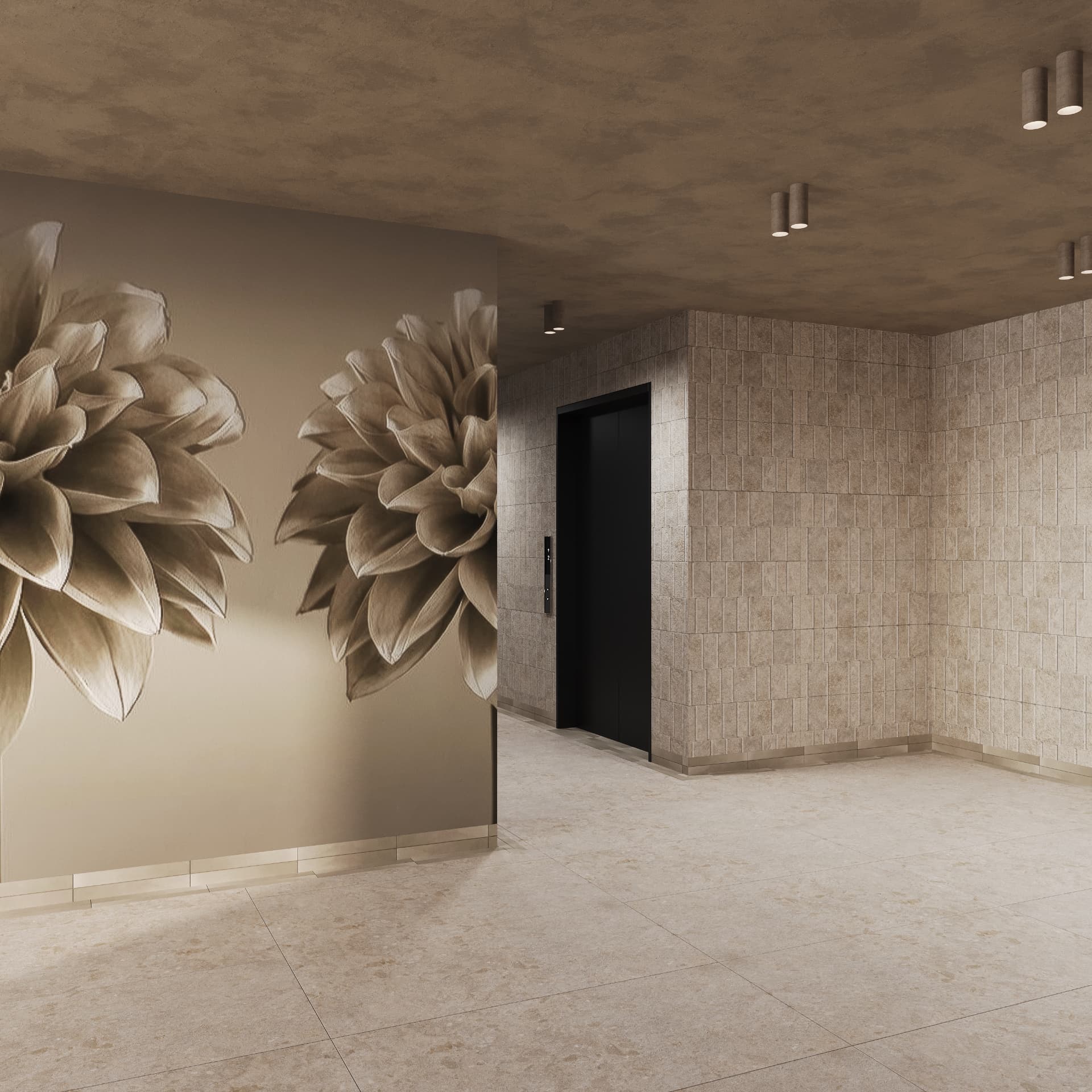 Lobby elevator landing with sculpted floral relief panels