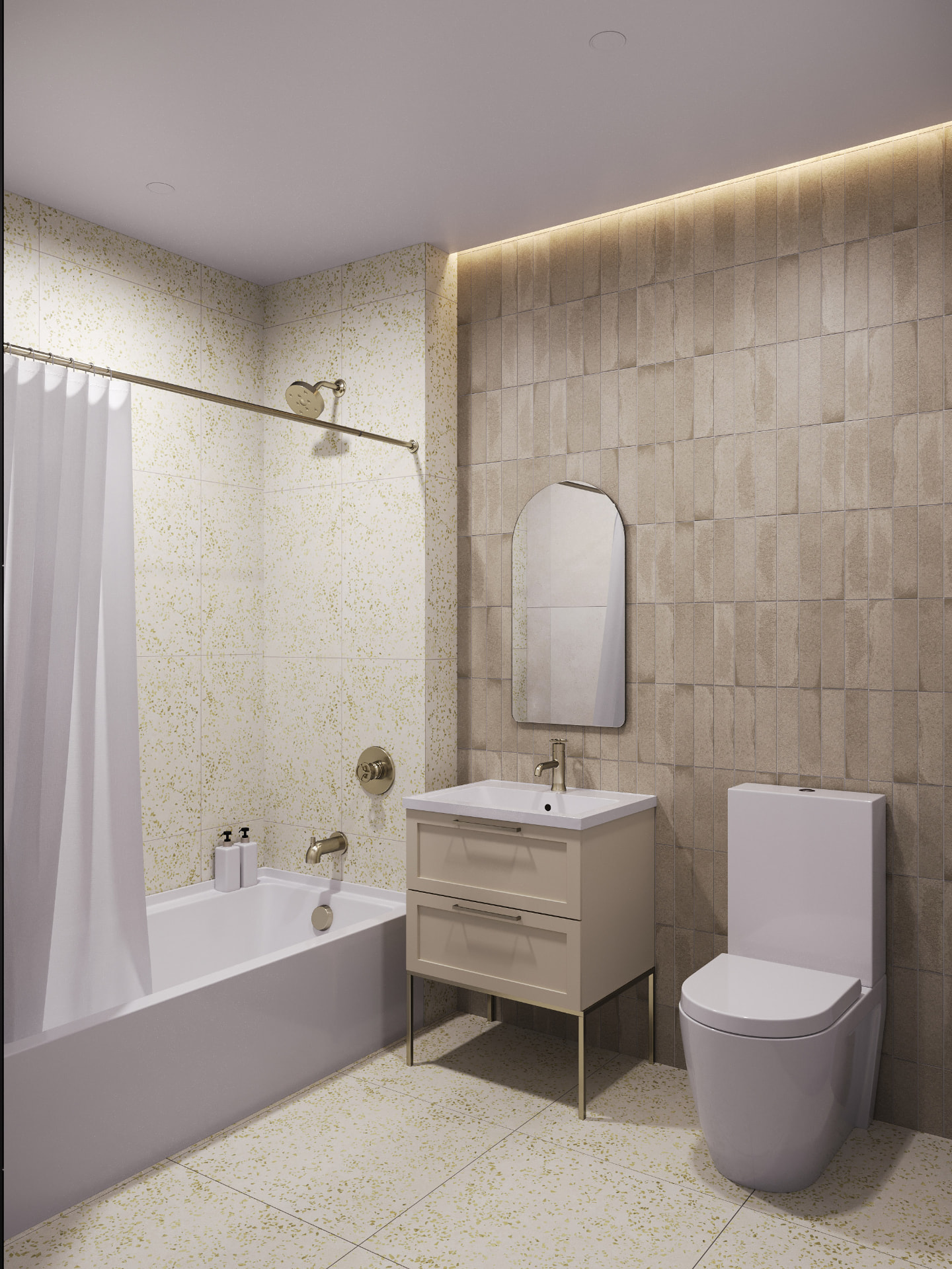Residence bathroom with terrazzo tile, arched mirror and brushed nickel fittings