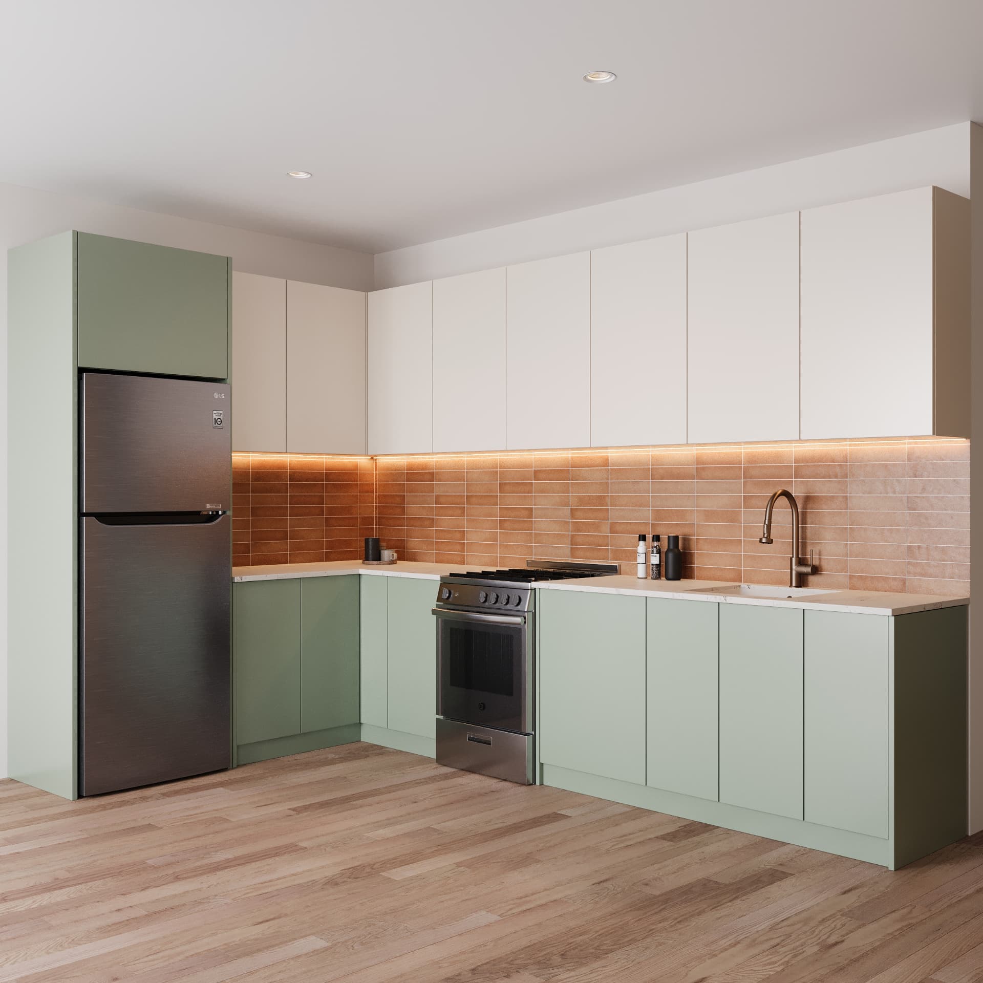 Residence kitchen with sage cabinetry and terracotta tile